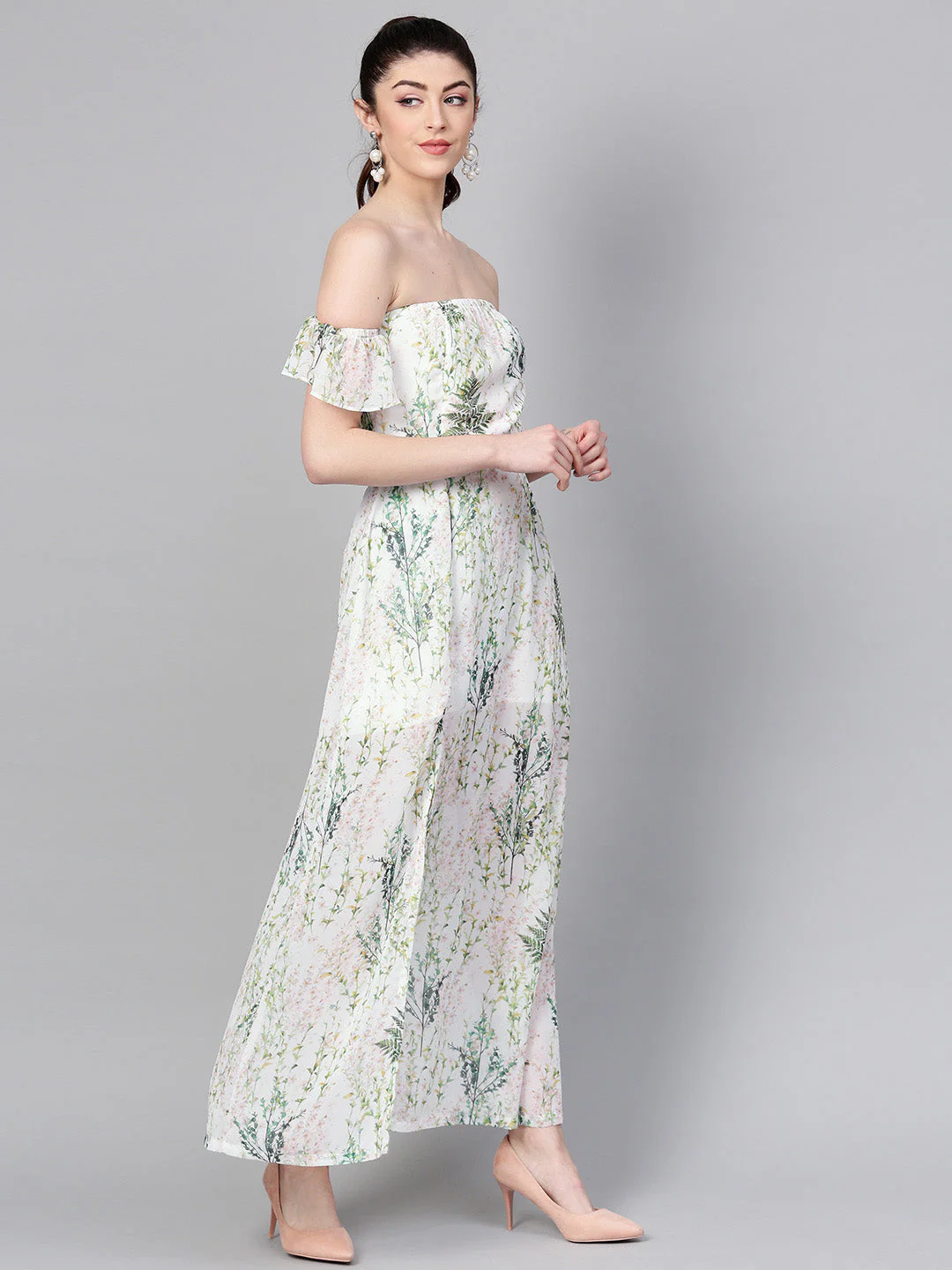 Women Off-White Floral Off Shoulder Belted Maxi - Image 4