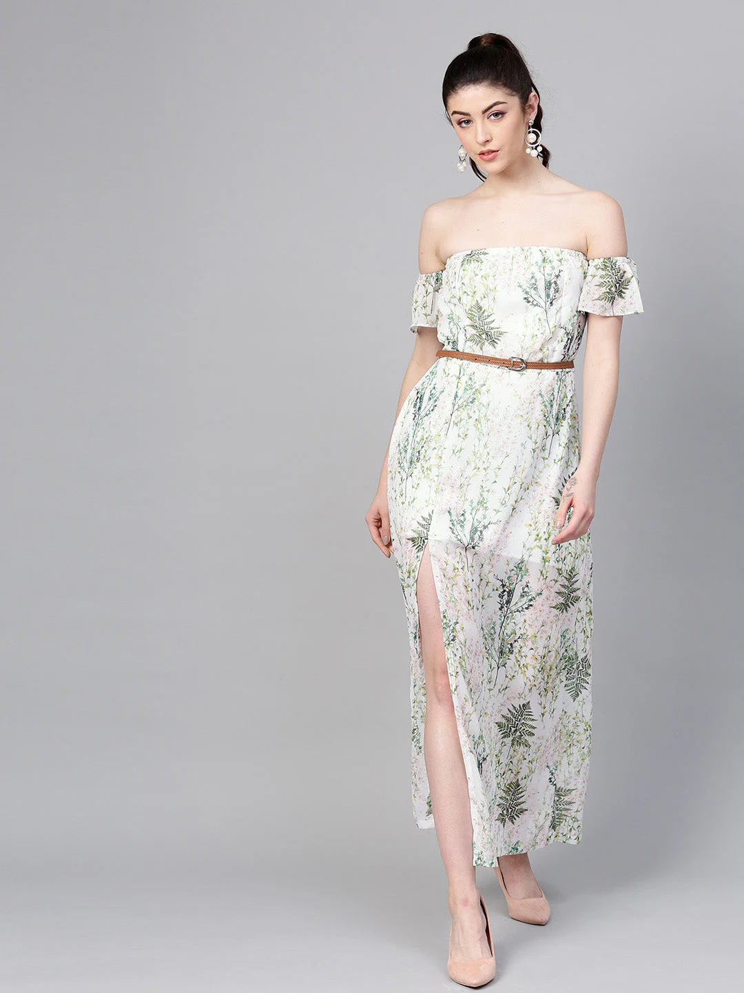 Women Off-White Floral Off Shoulder Belted Maxi - Image 6