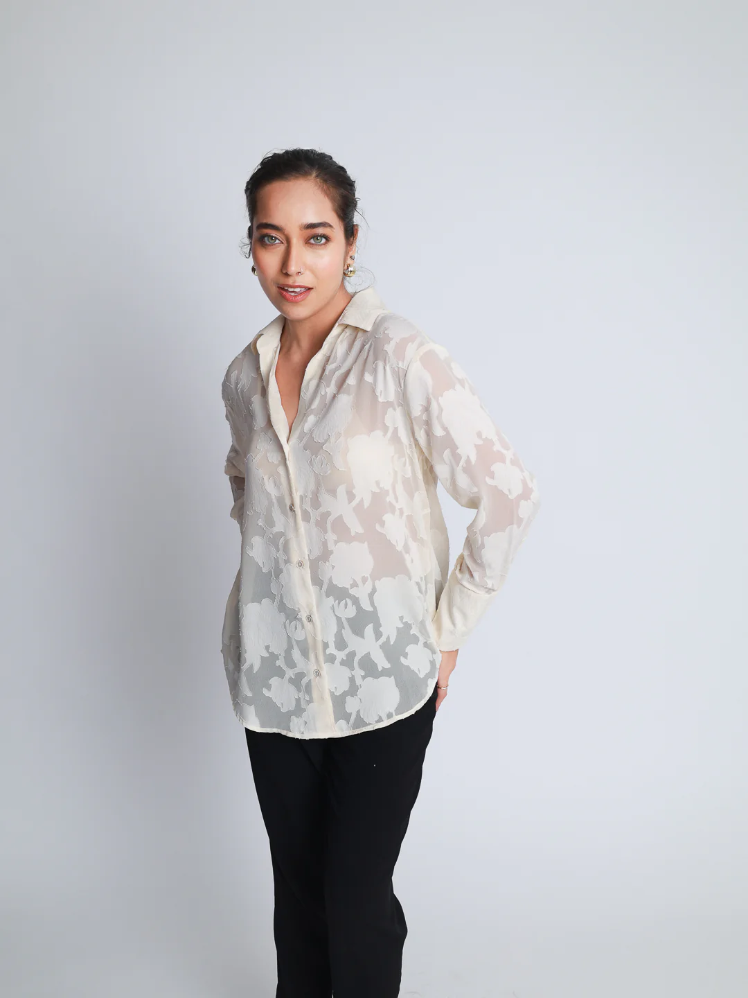 Women Off White Jacquard Party Wear Shirt - Image 2