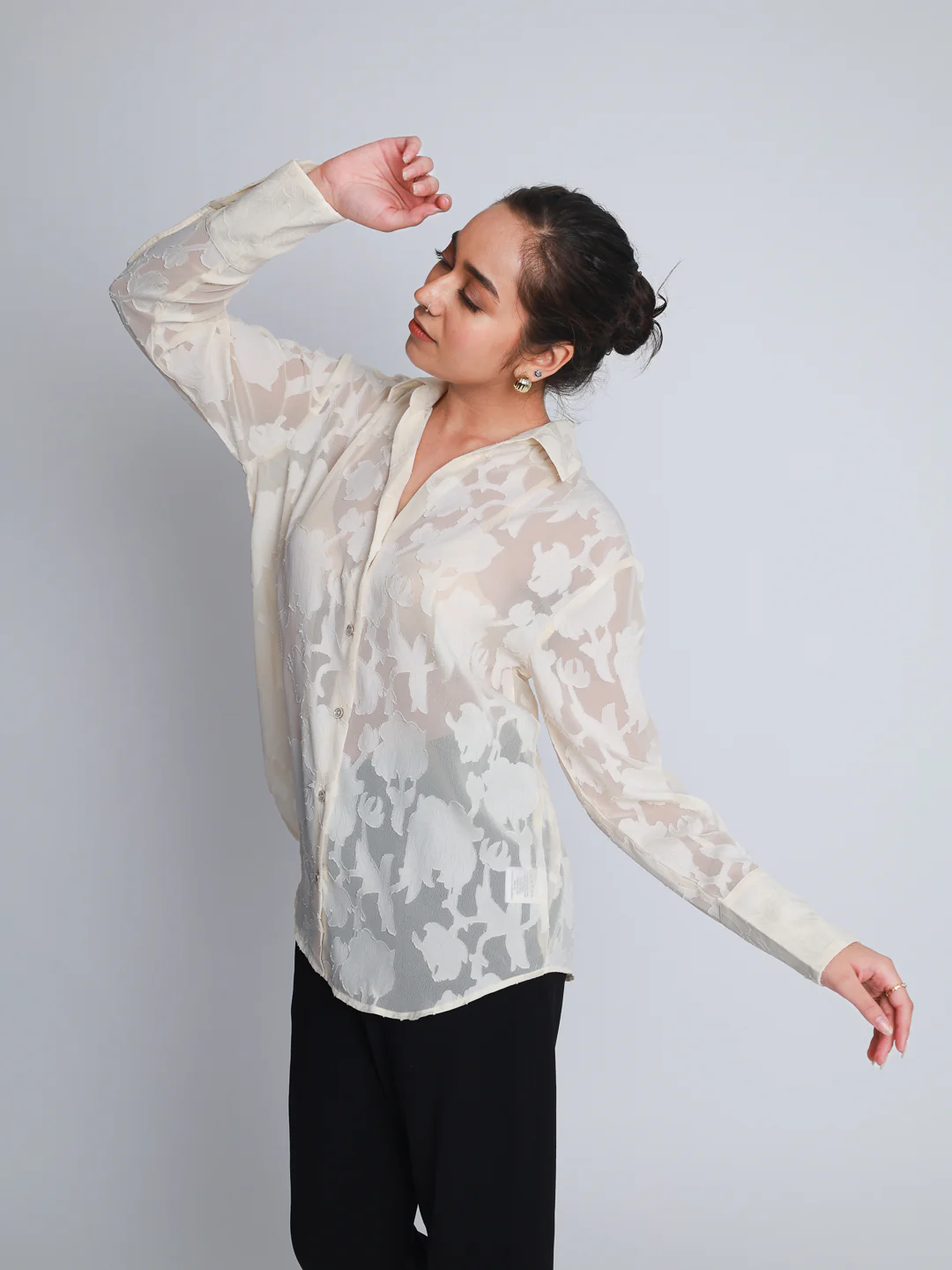 Women Off White Jacquard Party Wear Shirt - Image 3