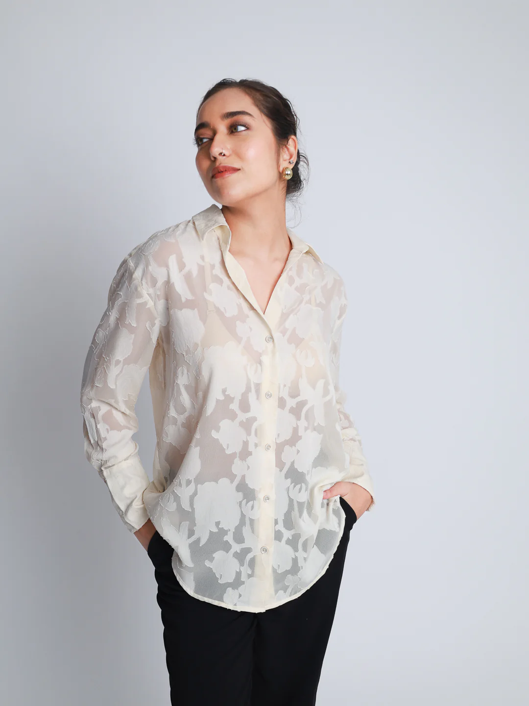 Women Off White Jacquard Party Wear Shirt - Image 5
