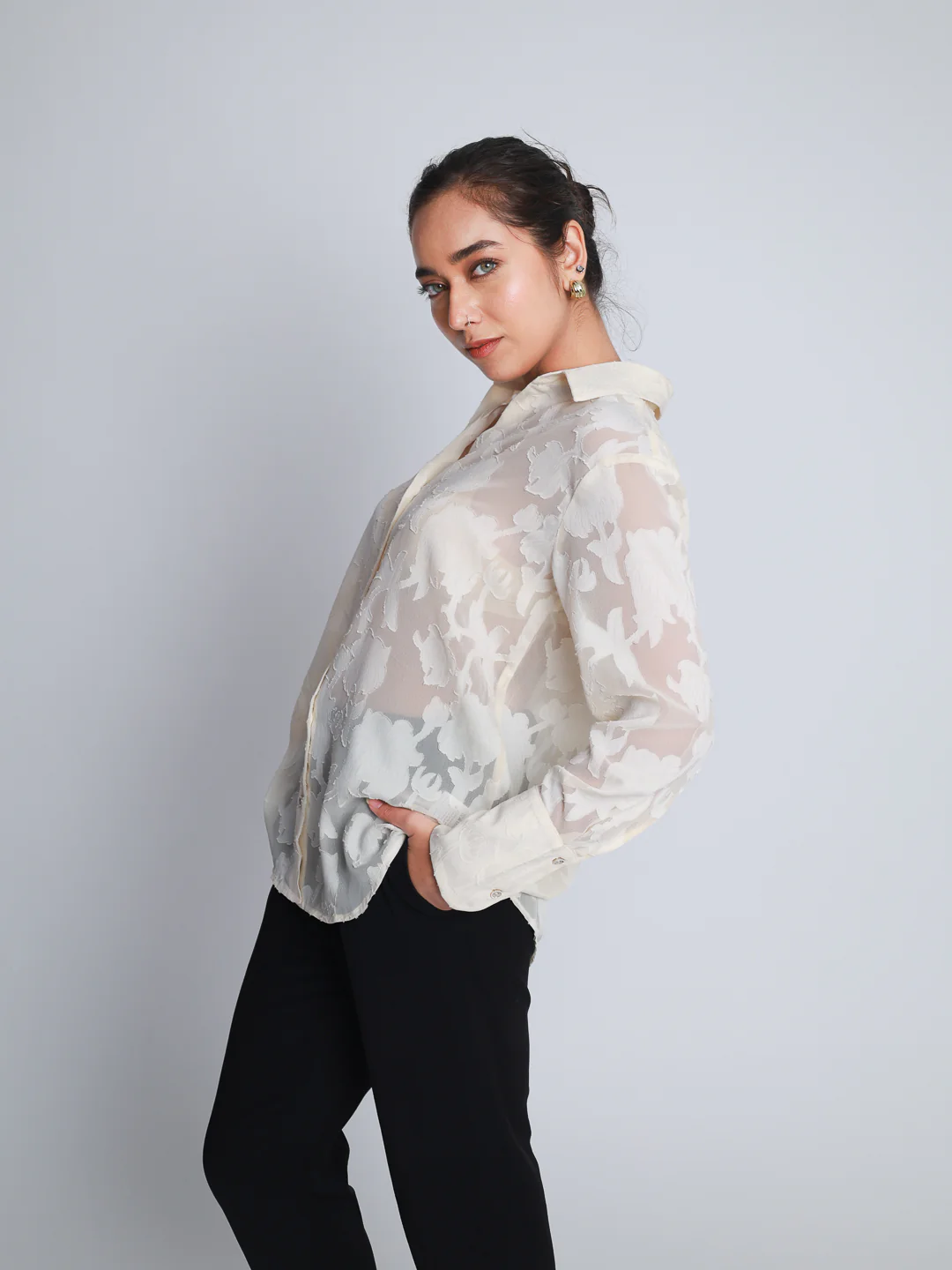 Women Off White Jacquard Party Wear Shirt - Image 6