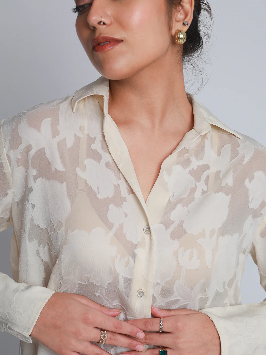Women Off White Jacquard Party Wear Shirt - Image 7