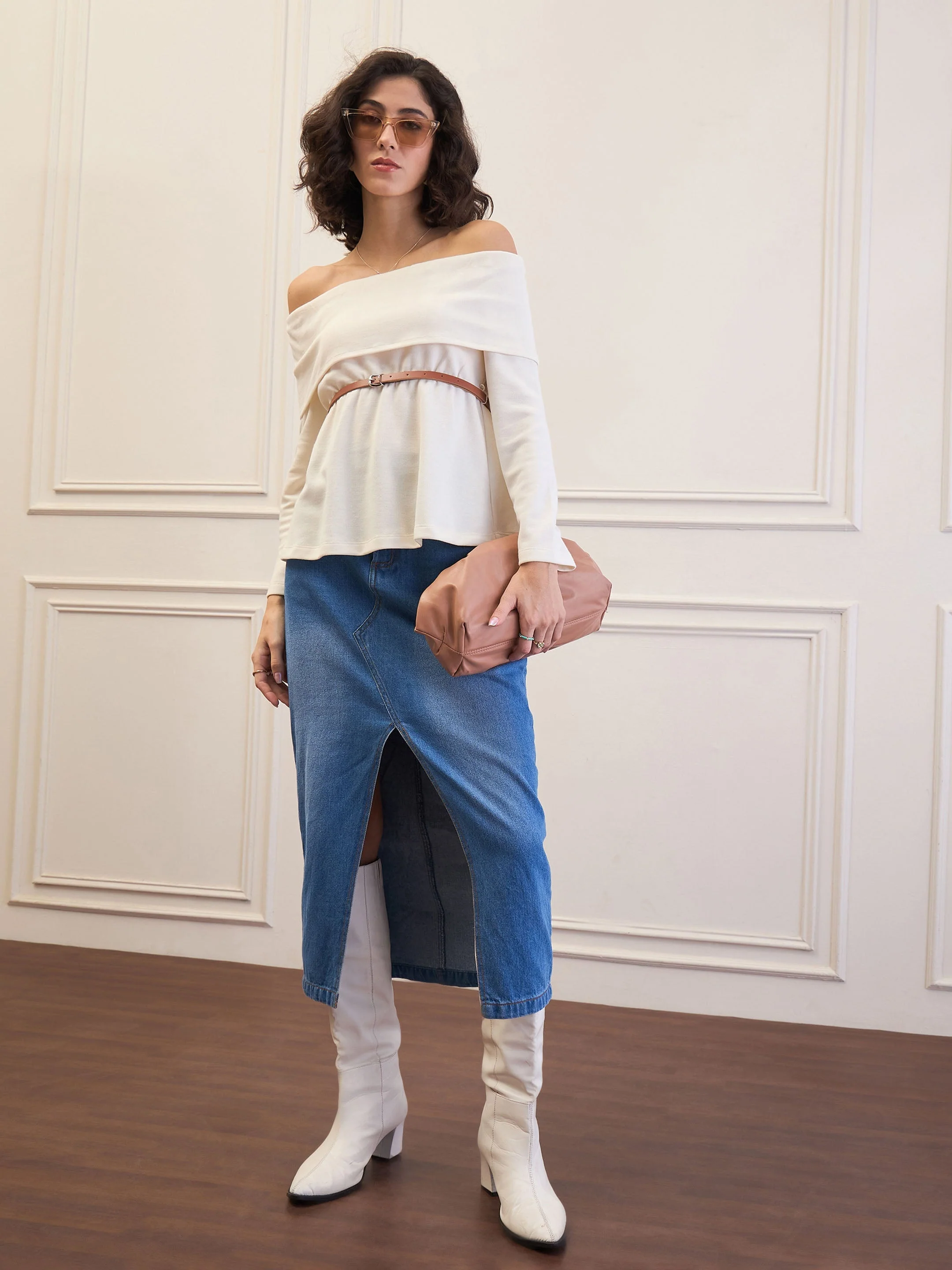 Women Off-White Off-Shoulder Belted Peplum Top - Image 2