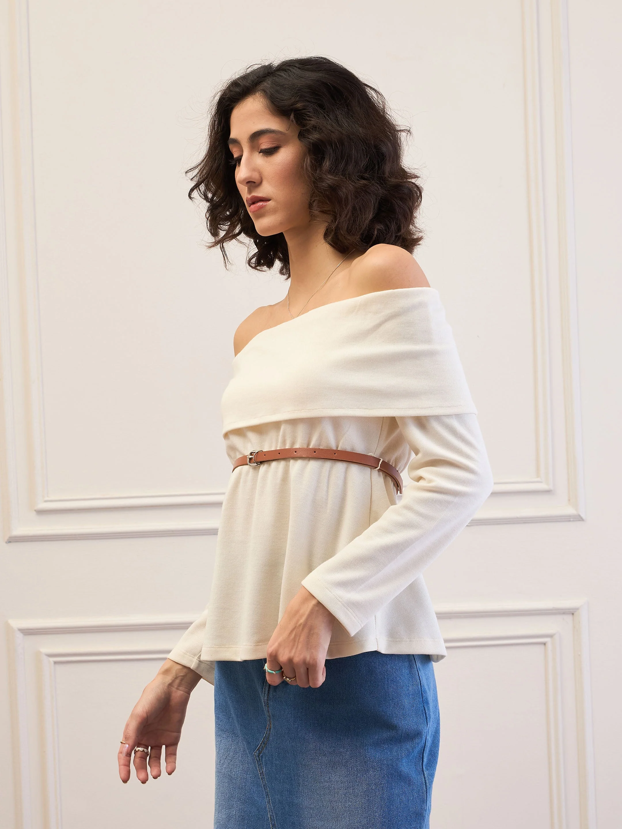 Women Off-White Off-Shoulder Belted Peplum Top - Image 3