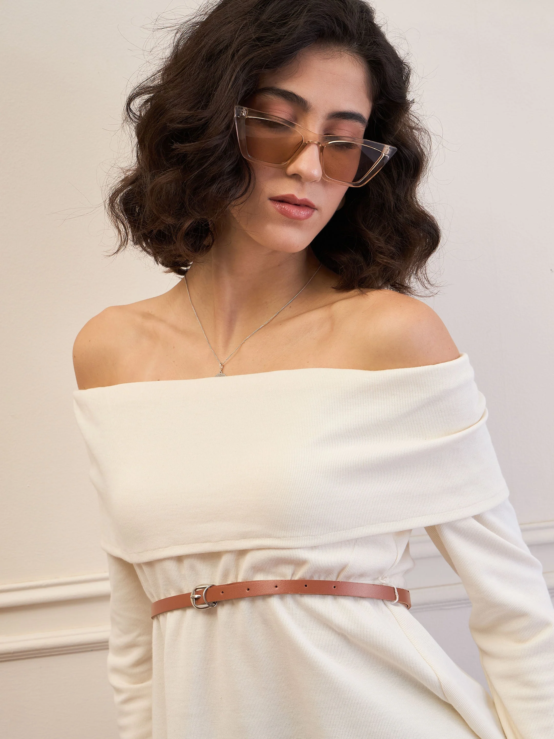 Women Off-White Off-Shoulder Belted Peplum Top - Image 4