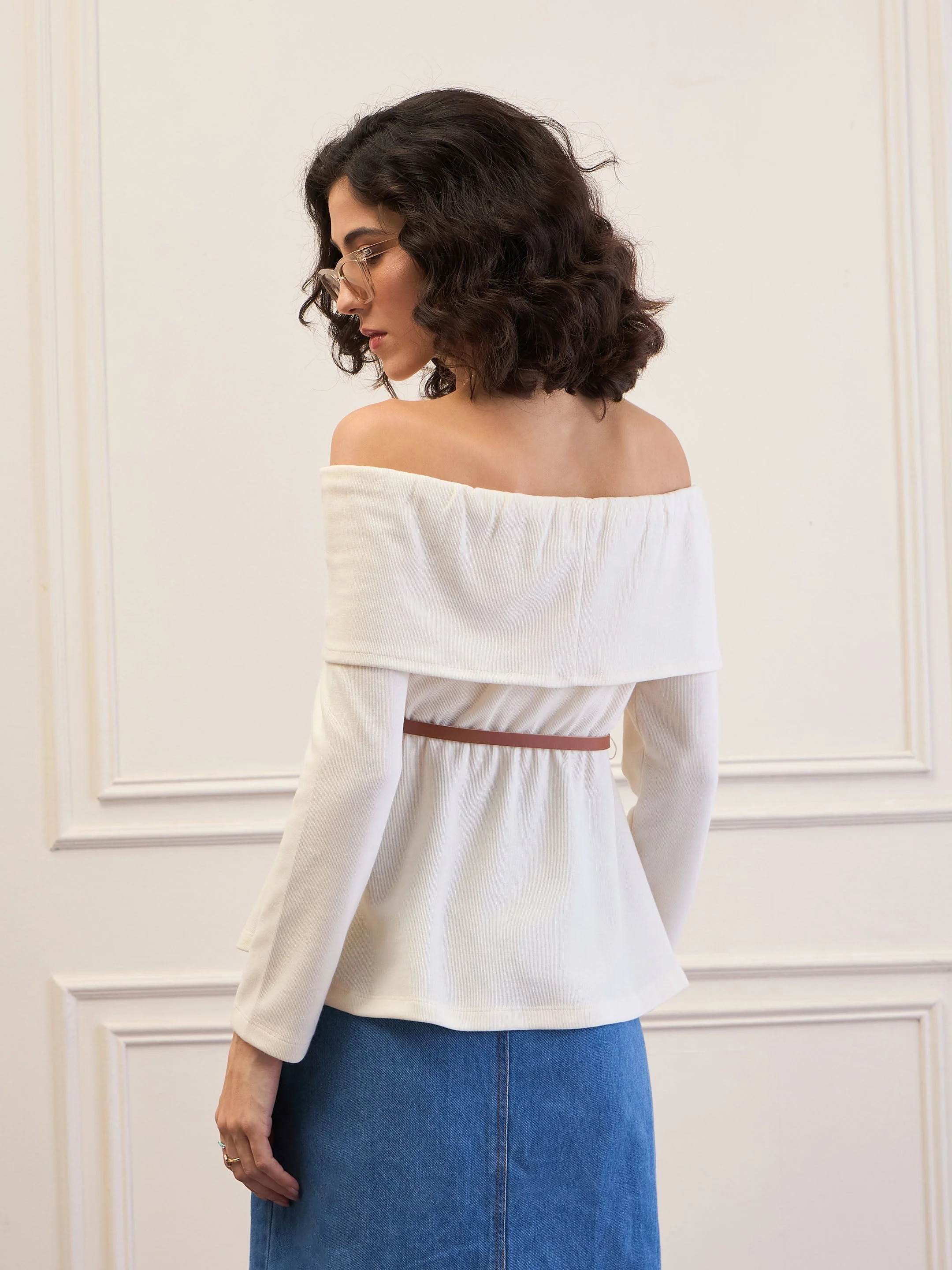 Women Off-White Off-Shoulder Belted Peplum Top - Image 5
