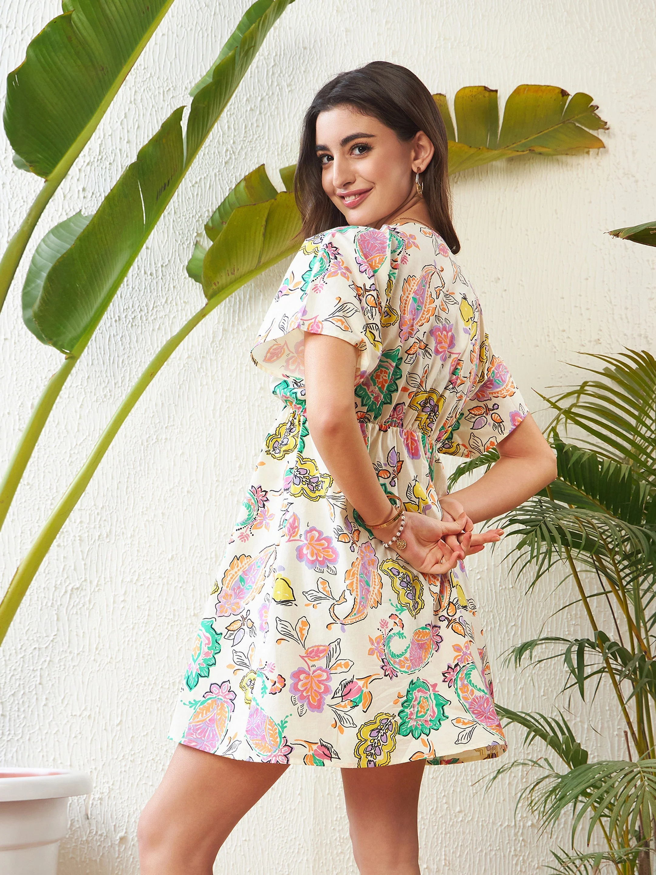 Women Off-White Paisley Floral Kimono Mini Dress - Image 2