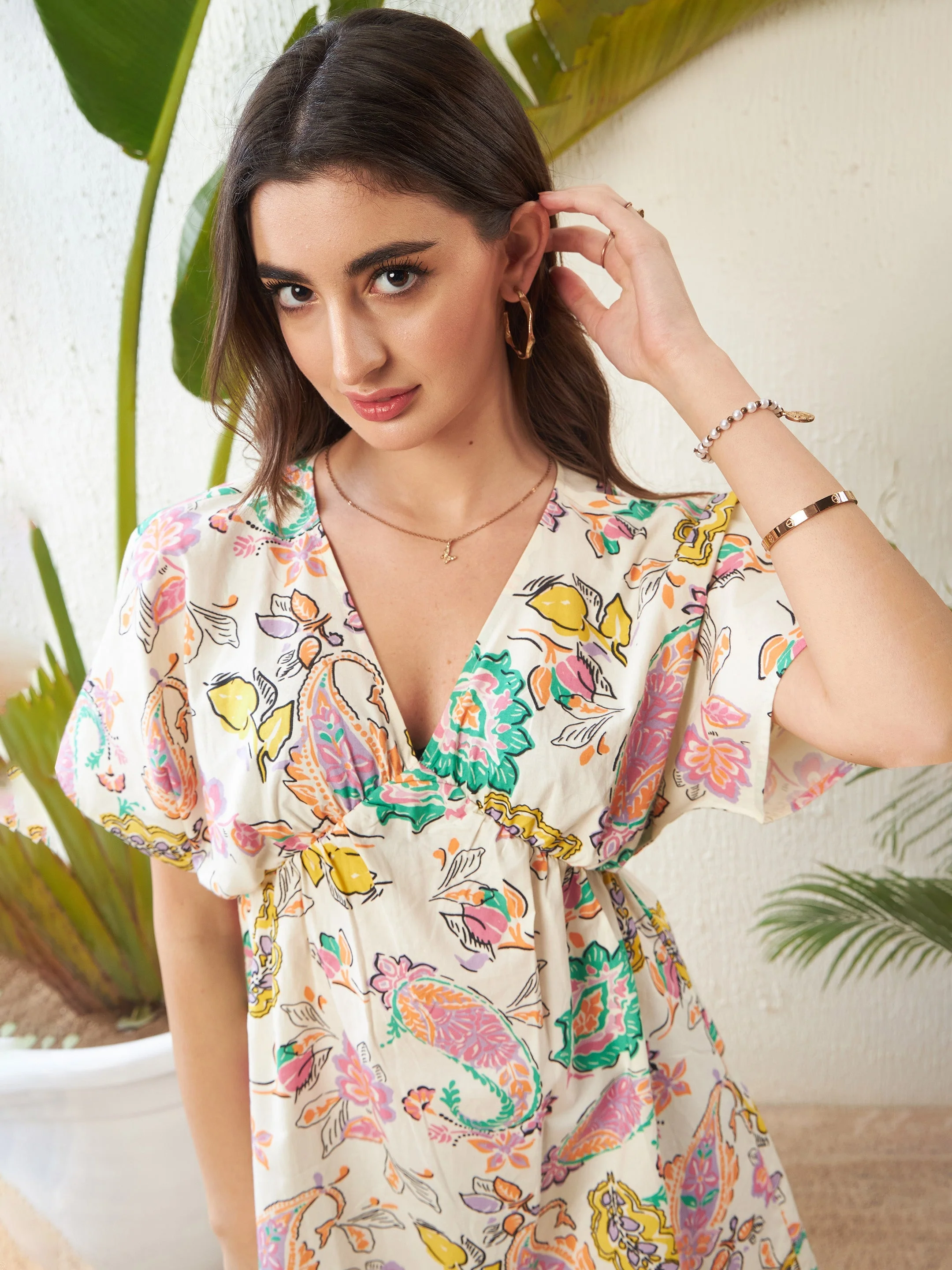 Women Off-White Paisley Floral Kimono Mini Dress - Image 3