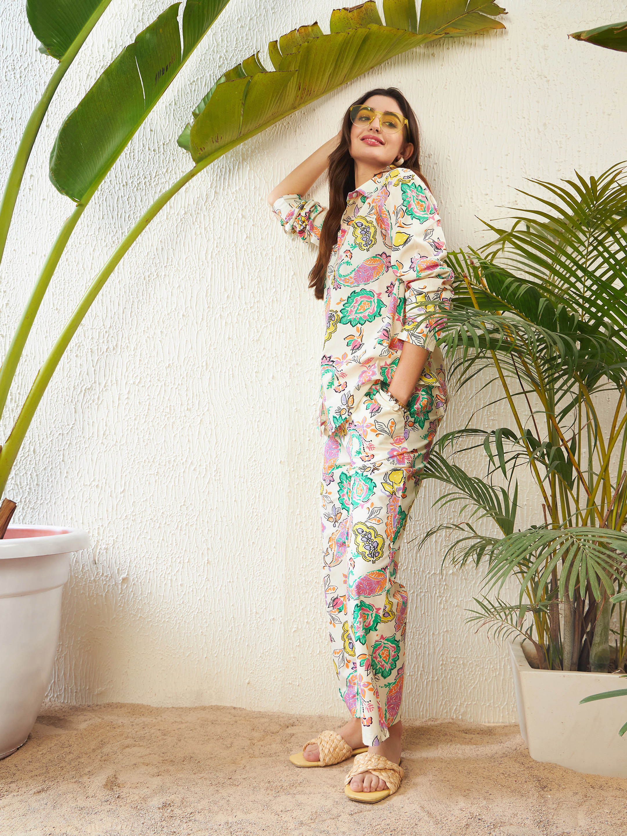 Women Off-White Paisley Shirt With Lounge Pants - Image 6
