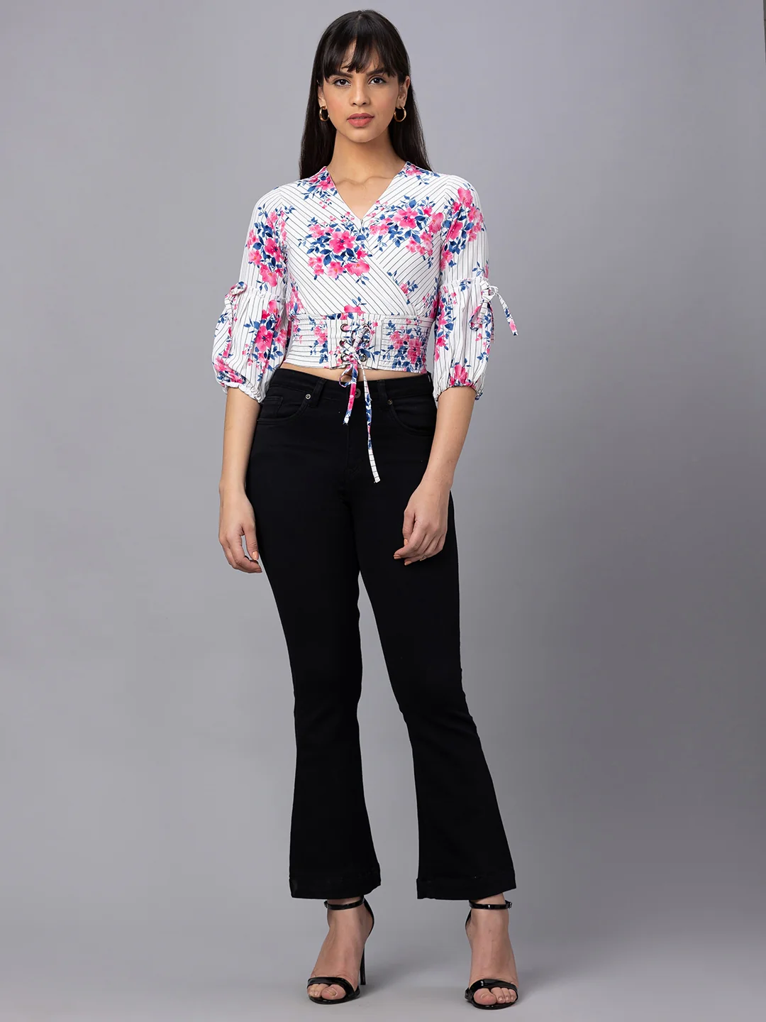 Women Printed Cinched Waist Crop Top - Image 2