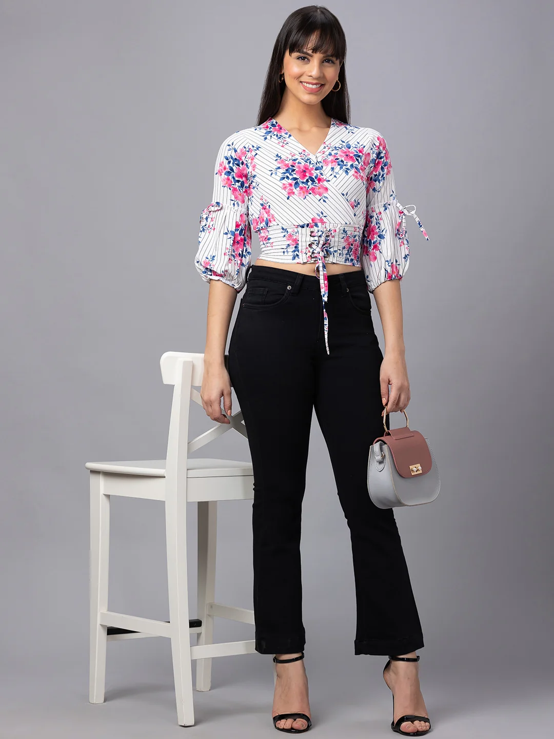 Women Printed Cinched Waist Crop Top - Image 3