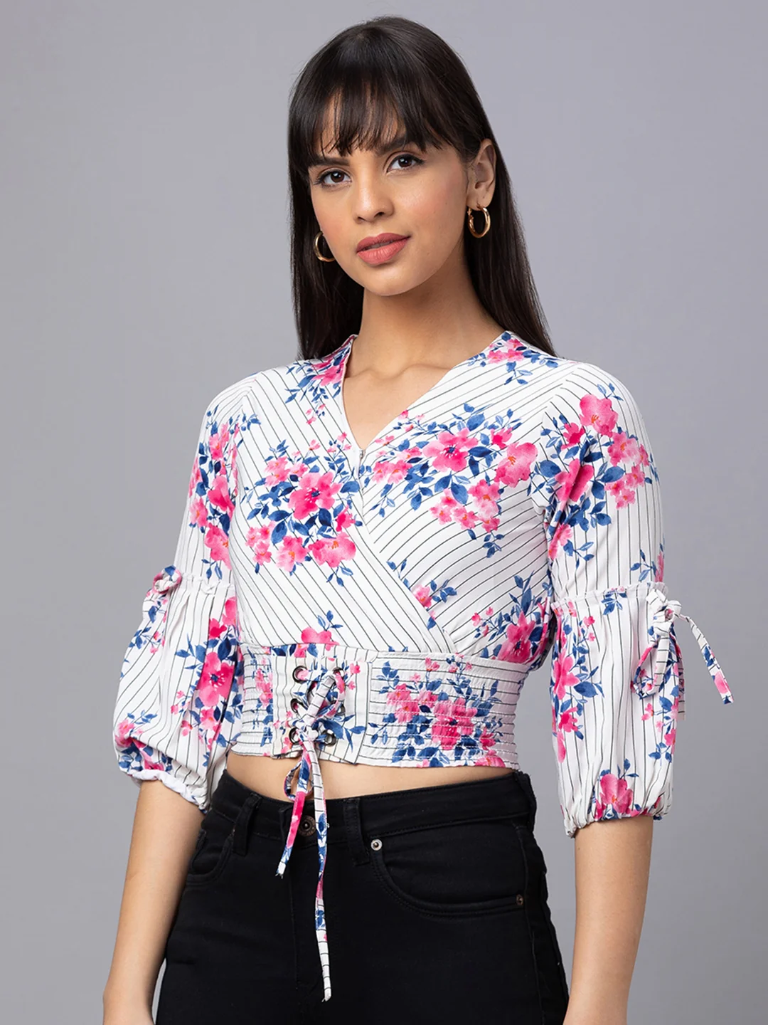 Women Printed Cinched Waist Crop Top - Image 5