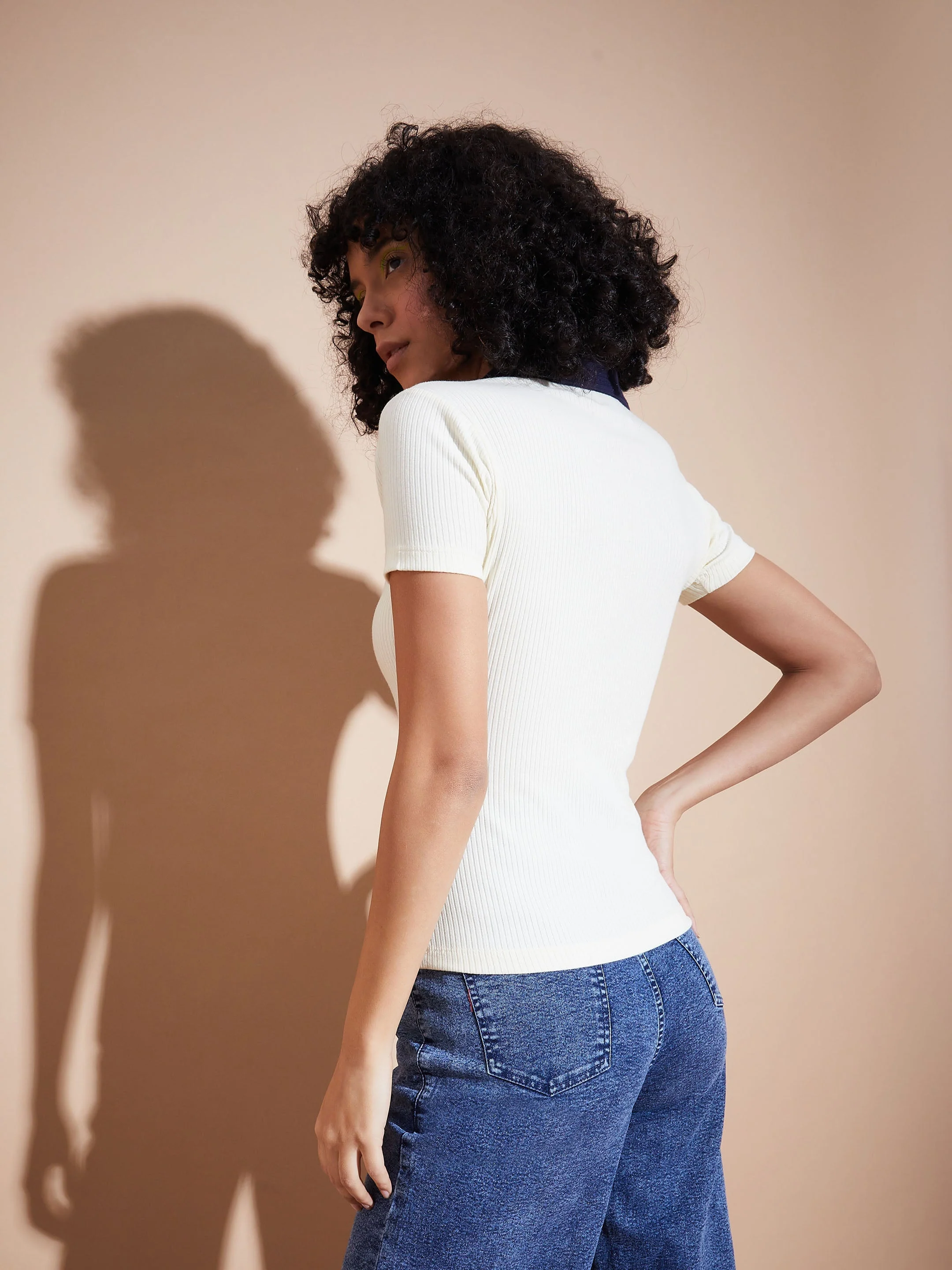 Women Off White Rib Contrast Polo Neck Top - Image 2