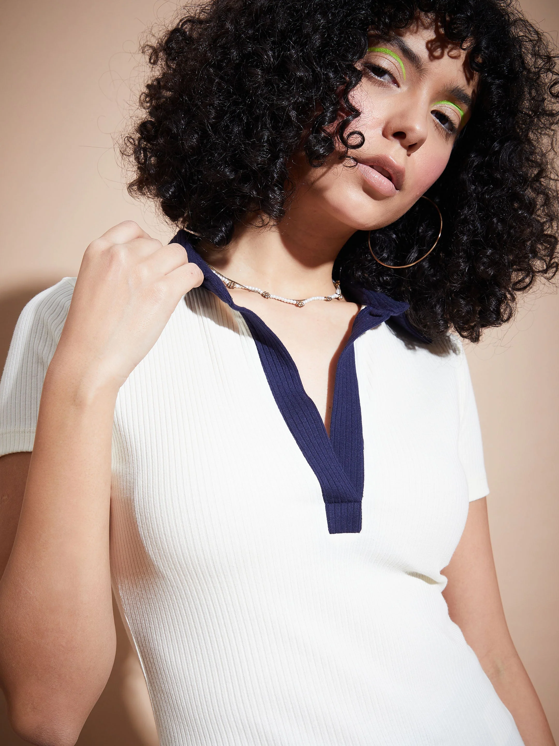 Women Off White Rib Contrast Polo Neck Top - Image 3