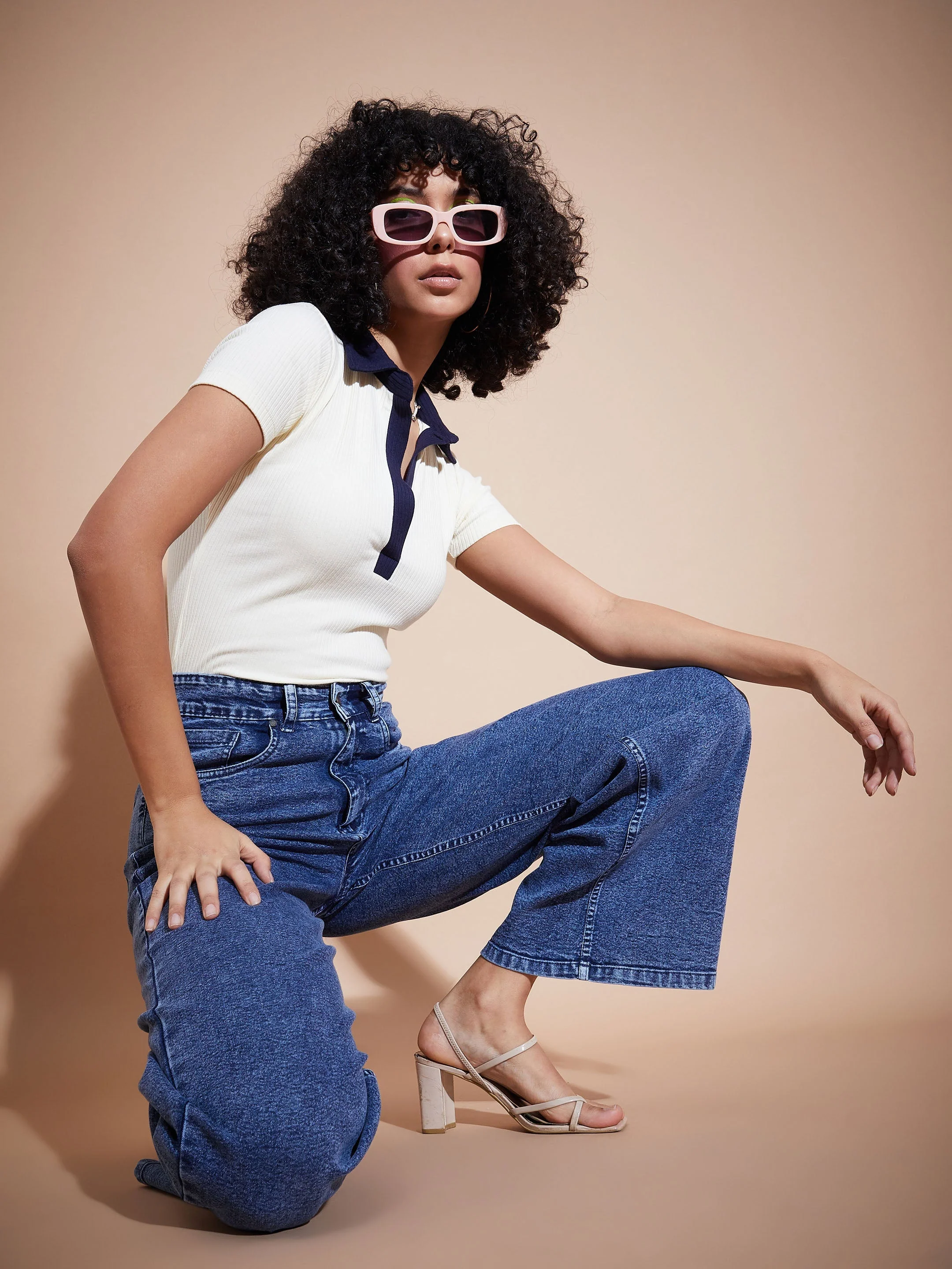 Women Off White Rib Contrast Polo Neck Top - Image 4