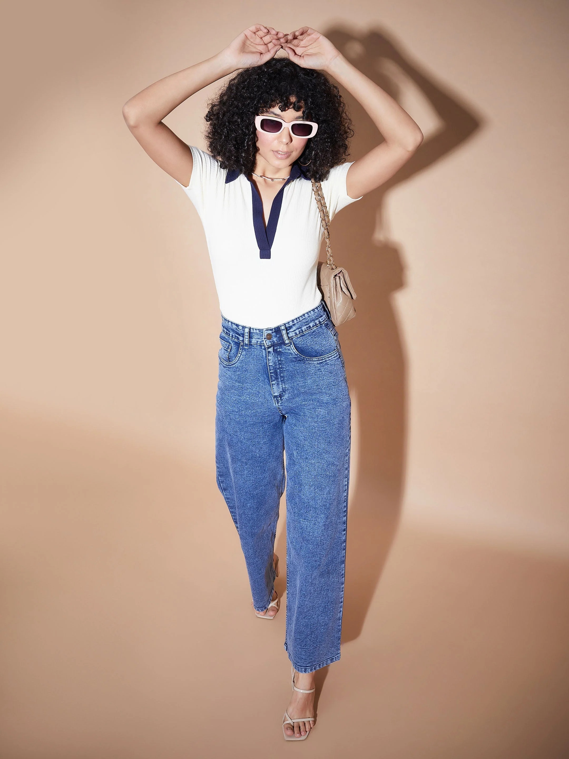 Women Off White Rib Contrast Polo Neck Top - Image 6