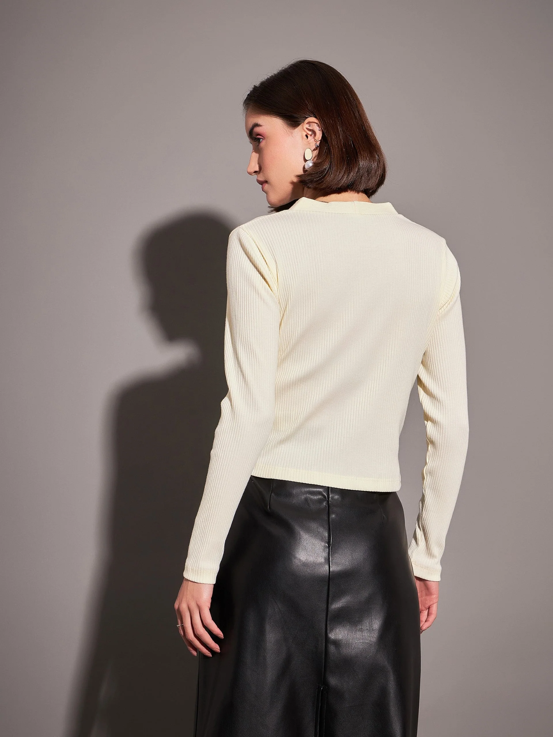 Women Off-White Rib Front Open Cardigan Top - Image 2