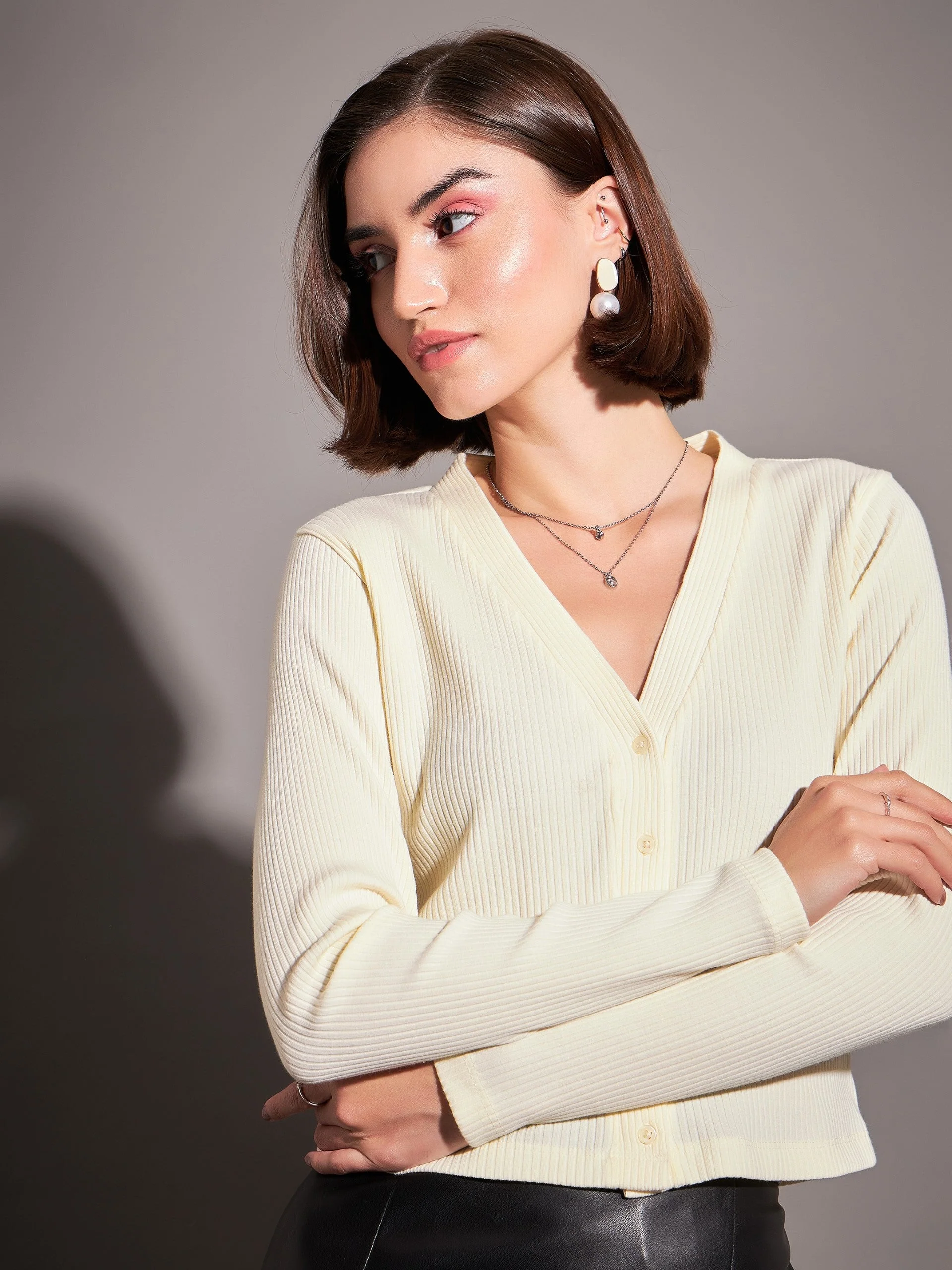 Women Off-White Rib Front Open Cardigan Top - Image 3