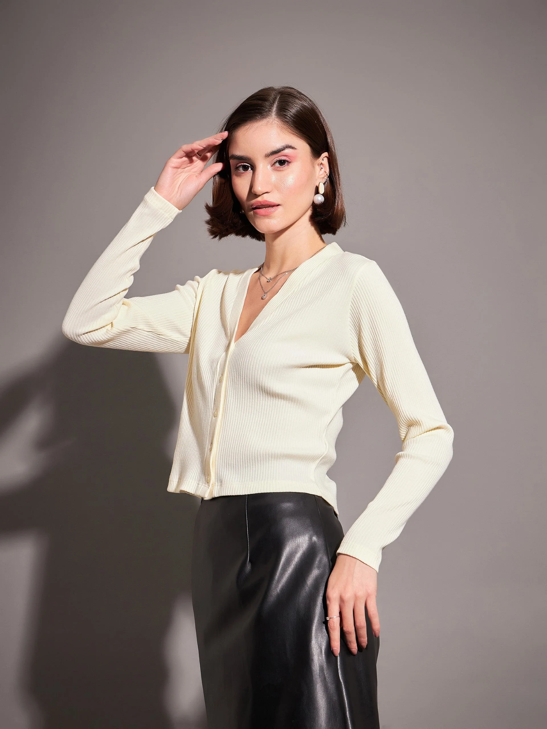 Women Off-White Rib Front Open Cardigan Top - Image 4