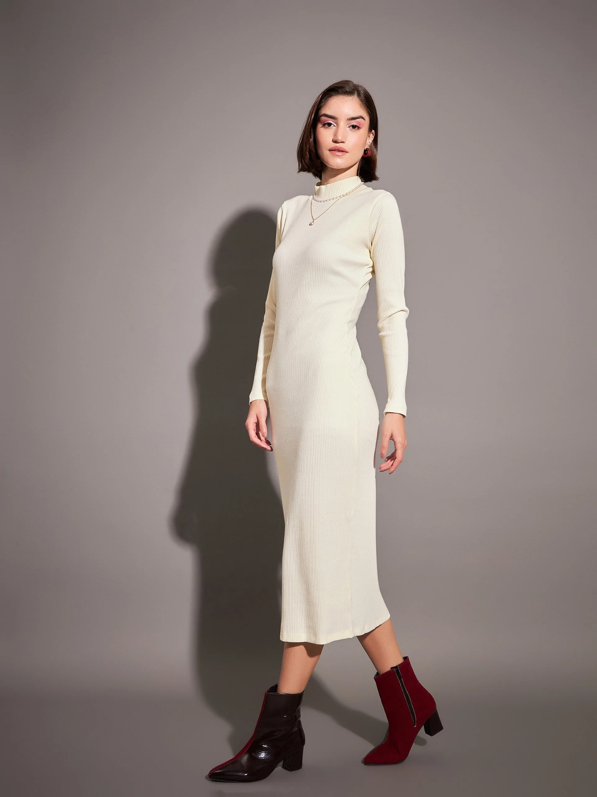 Women Off-White Rib High Neck Maxi Dress - Image 3