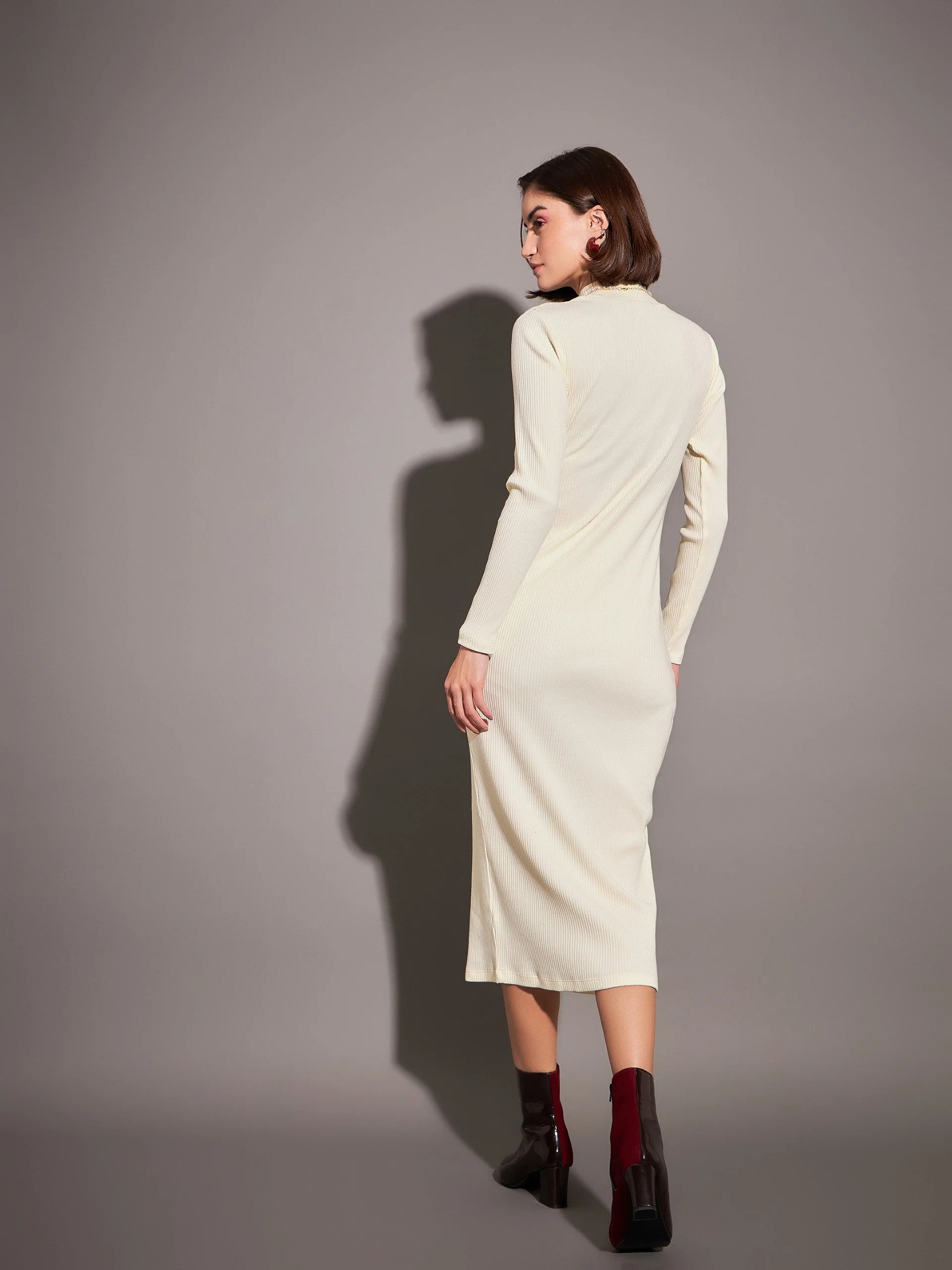 Women Off-White Rib High Neck Maxi Dress - Image 5
