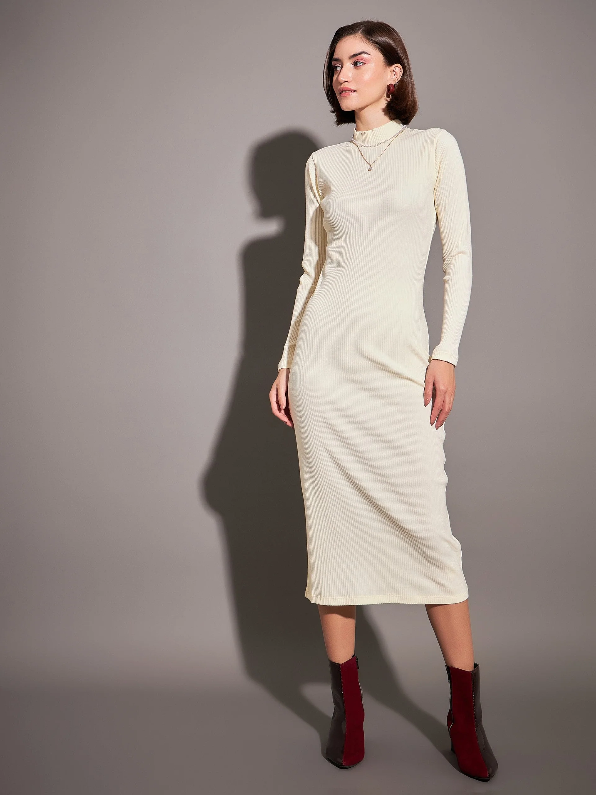 Women Off-White Rib High Neck Maxi Dress - Image 6