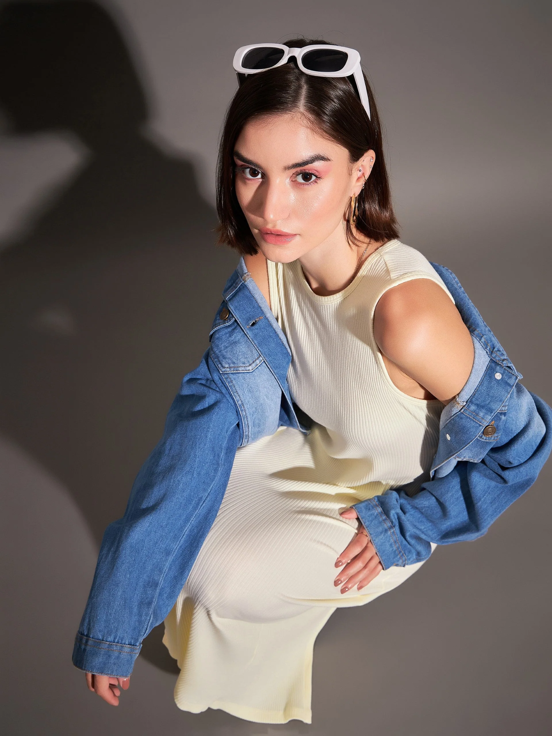 Women Off-White Rib Sleeveless Bodycon Dress - Image 2