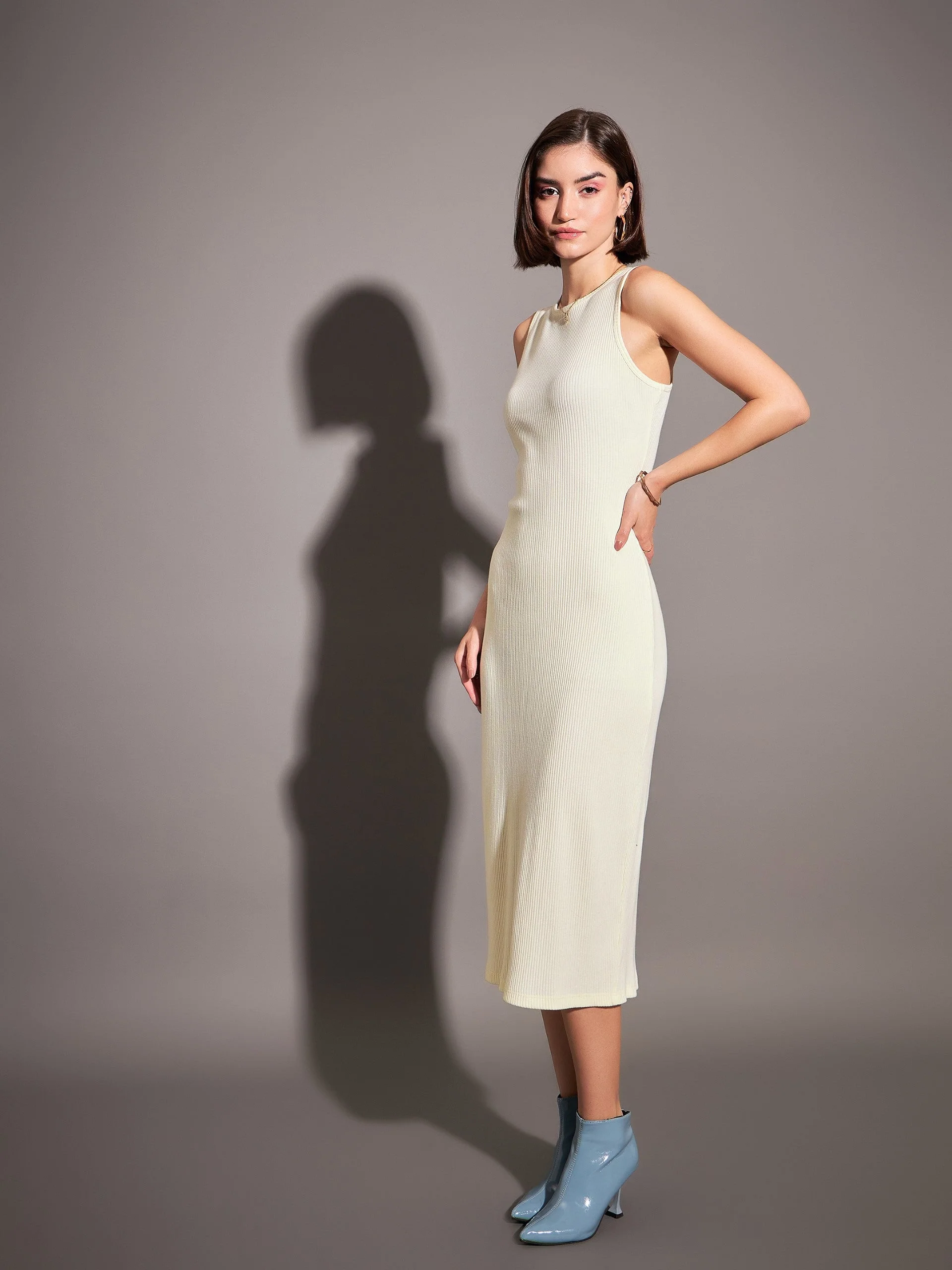 Women Off-White Rib Sleeveless Bodycon Dress - Image 3