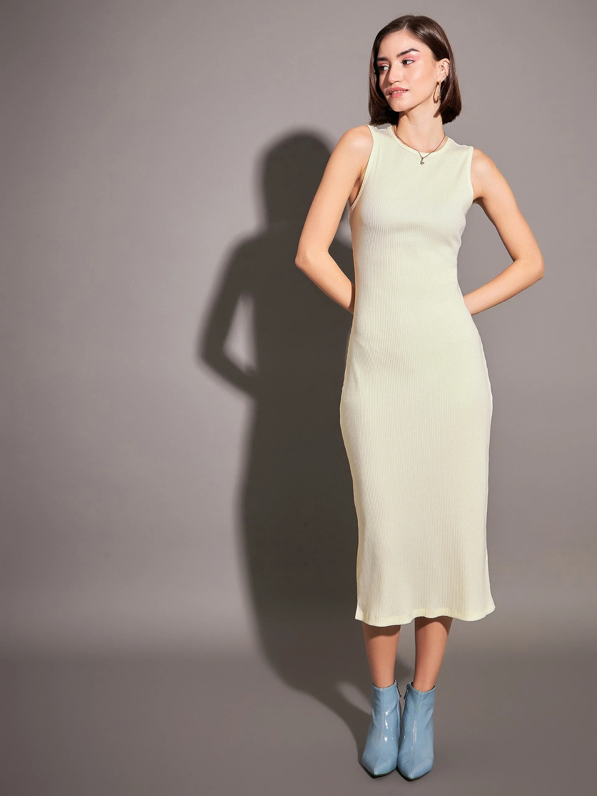 Women Off-White Rib Sleeveless Bodycon Dress - Image 6