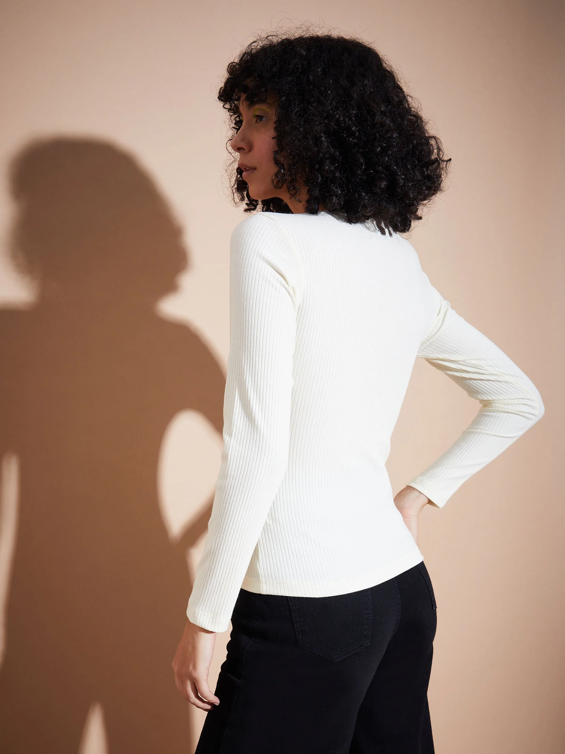 Women Off White Rib V-Neck Regular Top - Image 2