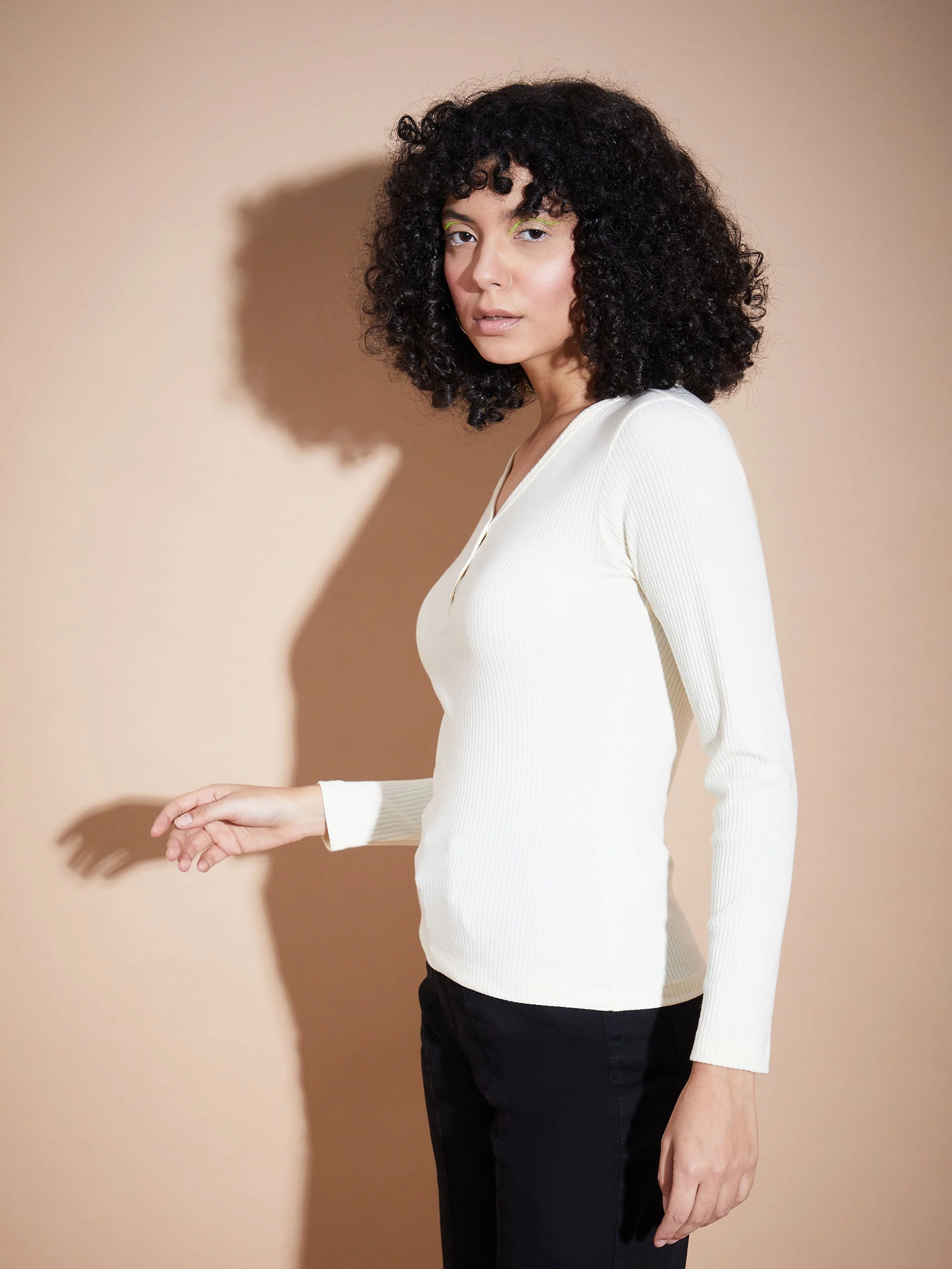 Women Off White Rib V-Neck Regular Top - Image 4
