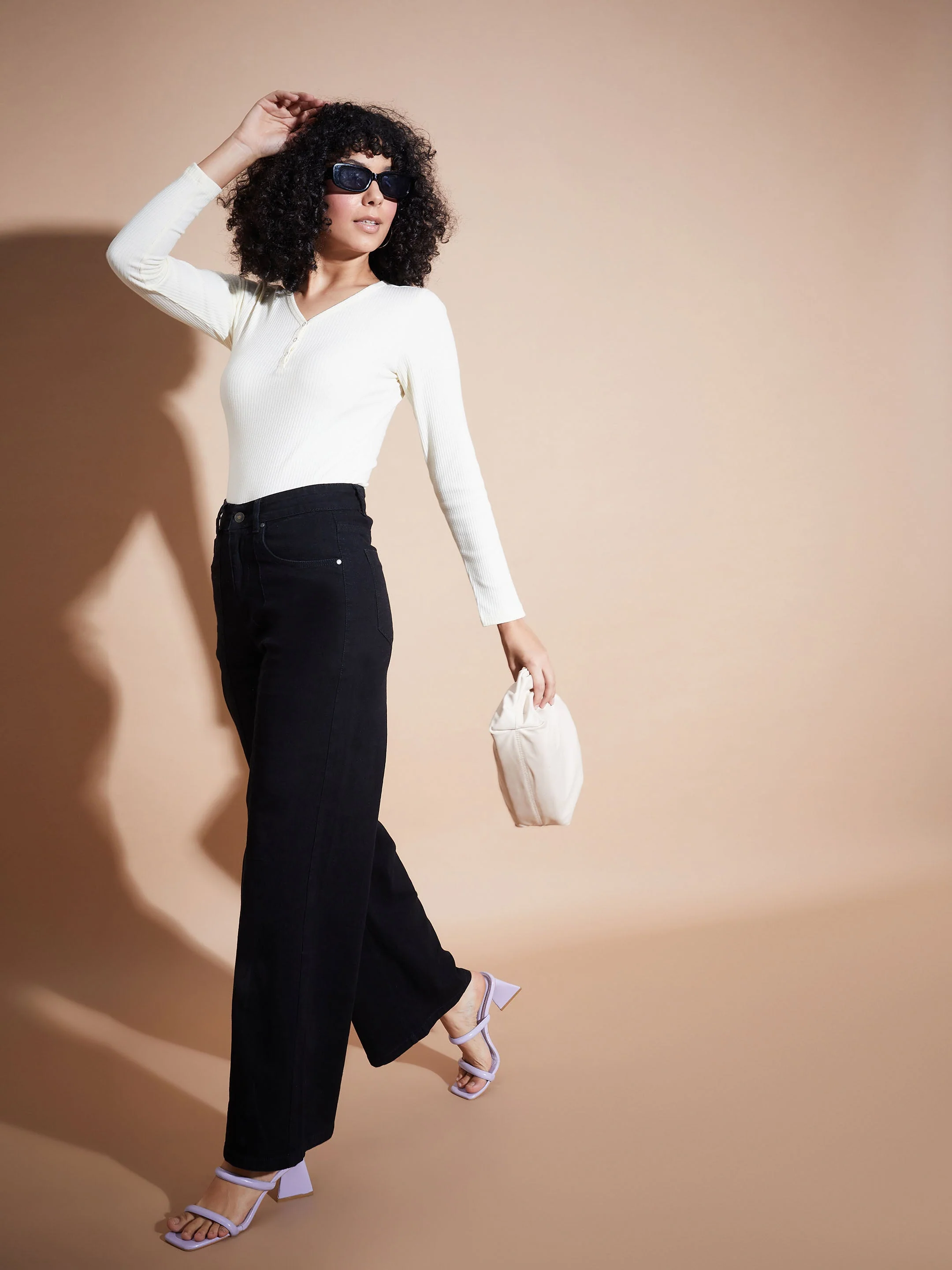 Women Off White Rib V-Neck Regular Top - Image 6