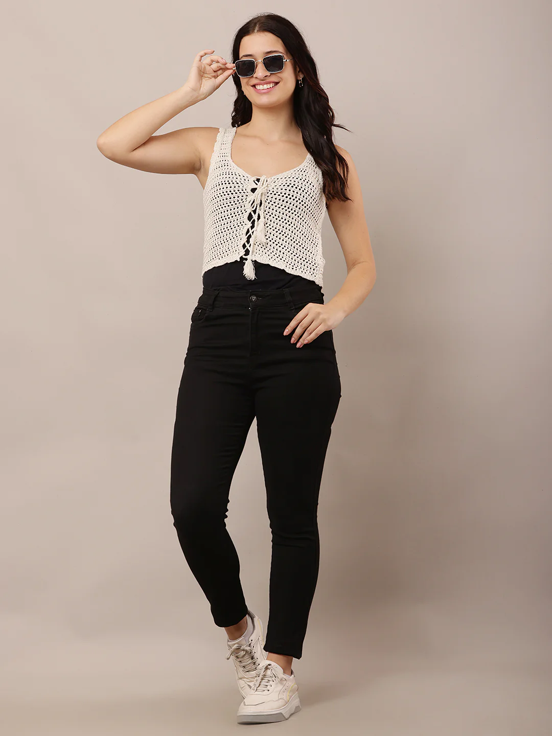Women Off-White Sleeveless Crochet Knit Vest - Image 3