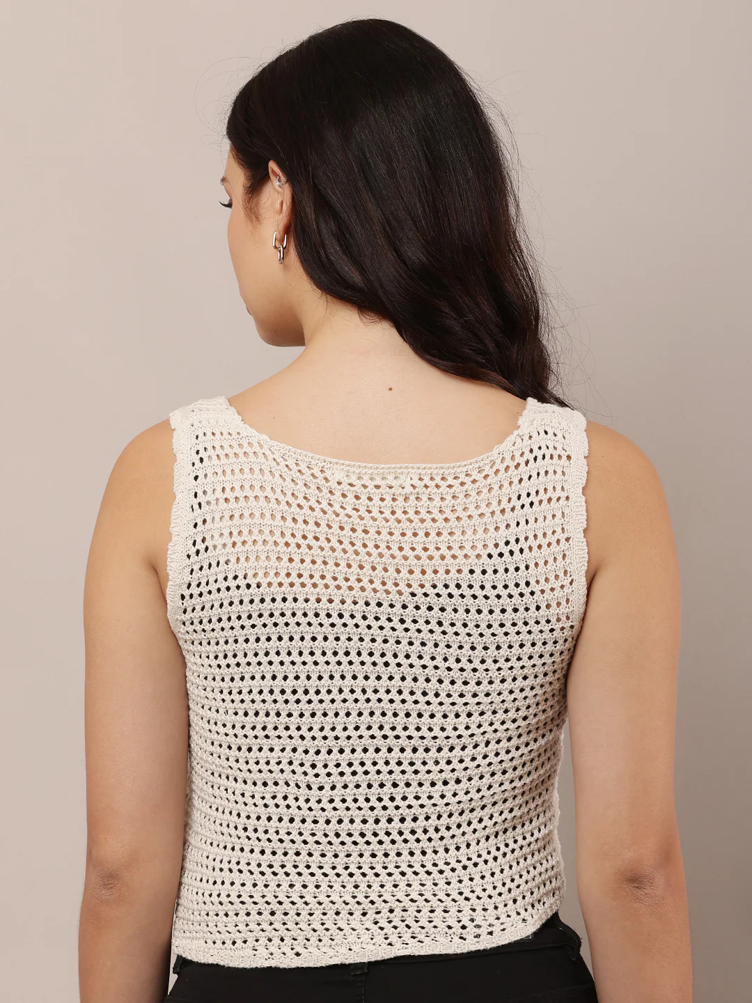 Women Off-White Sleeveless Crochet Knit Vest - Image 4