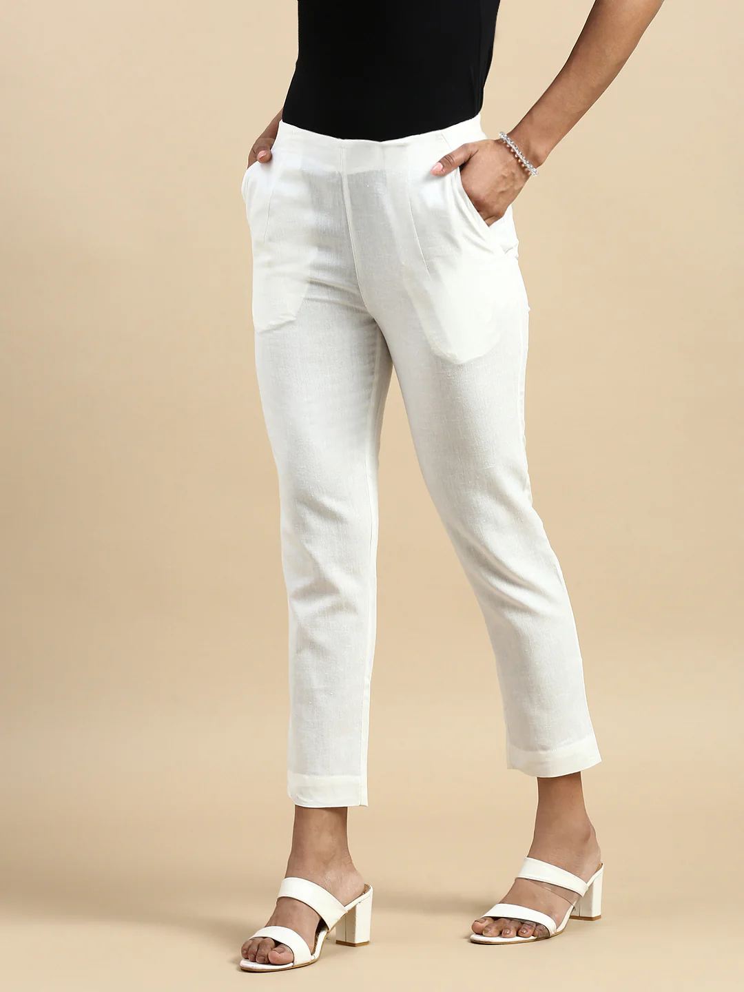 Women Off White Casual Pants - Image 3