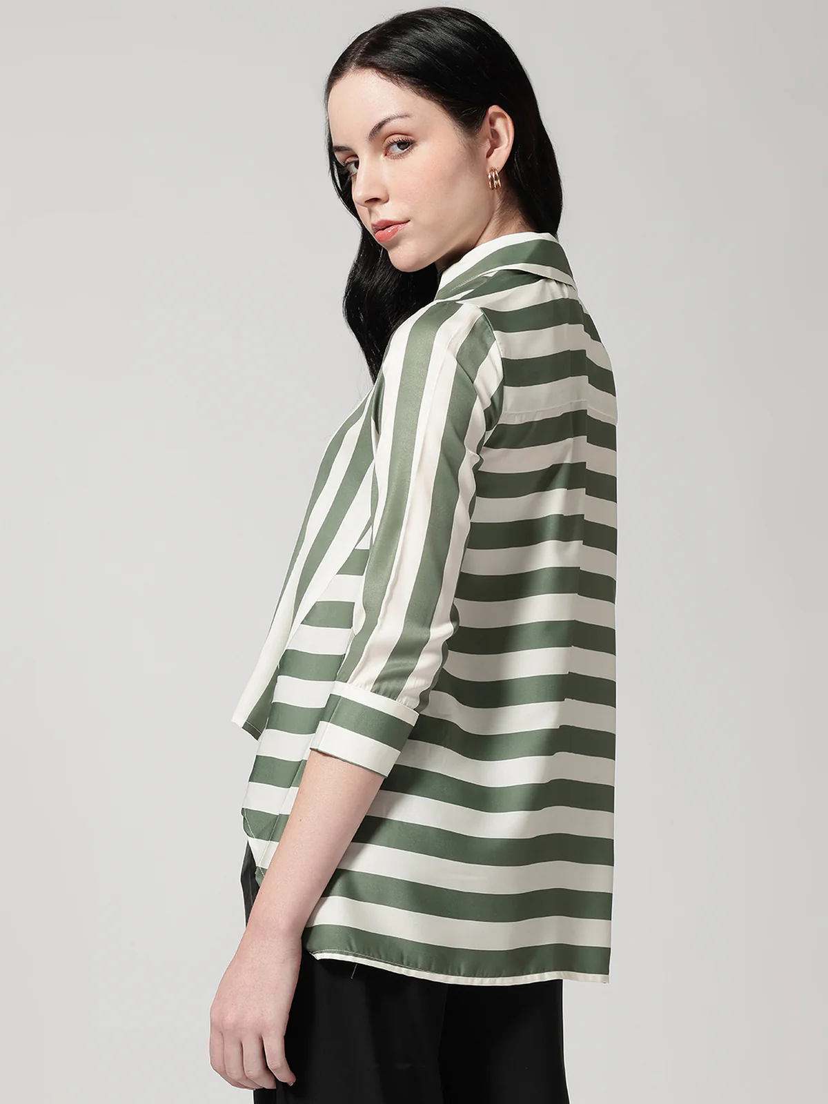Women Olive Asymmetrical High and Low Striped Shirt - Image 2