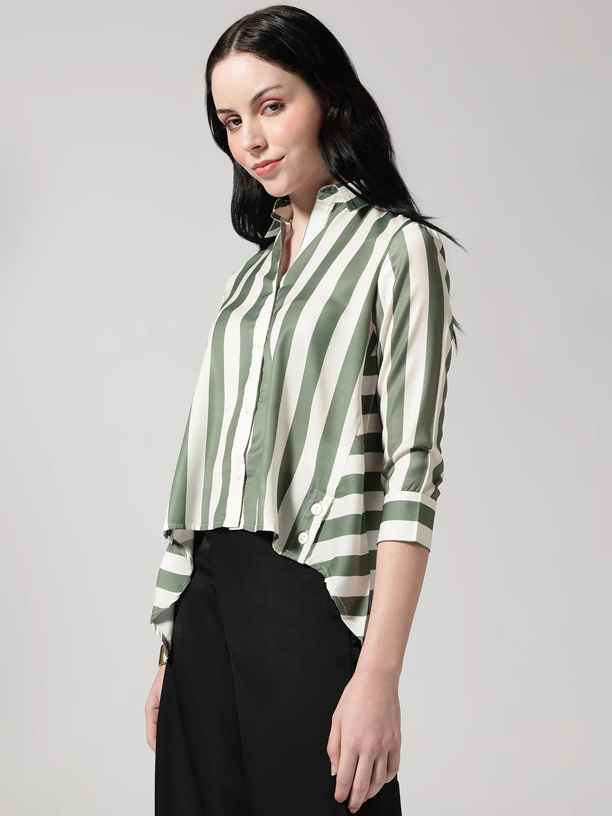 Women Olive Asymmetrical High and Low Striped Shirt - Image 3