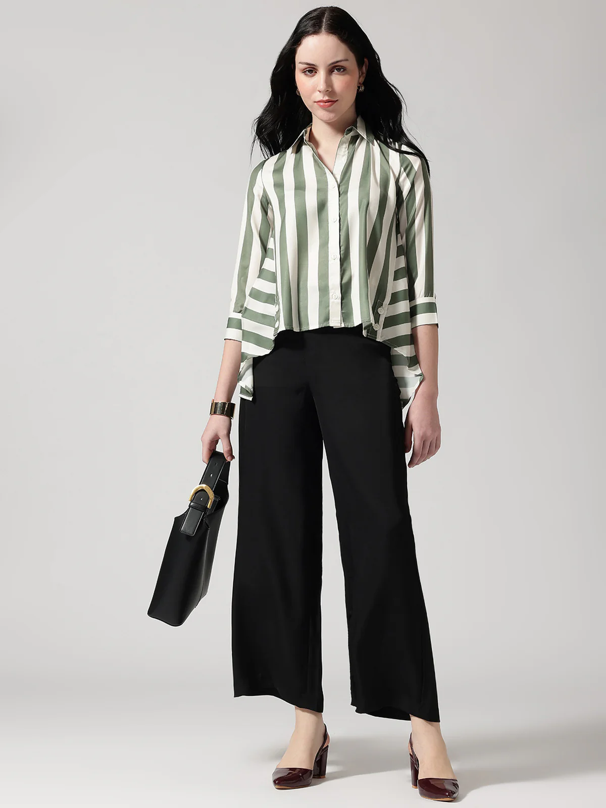 Women Olive Asymmetrical High and Low Striped Shirt - Image 4