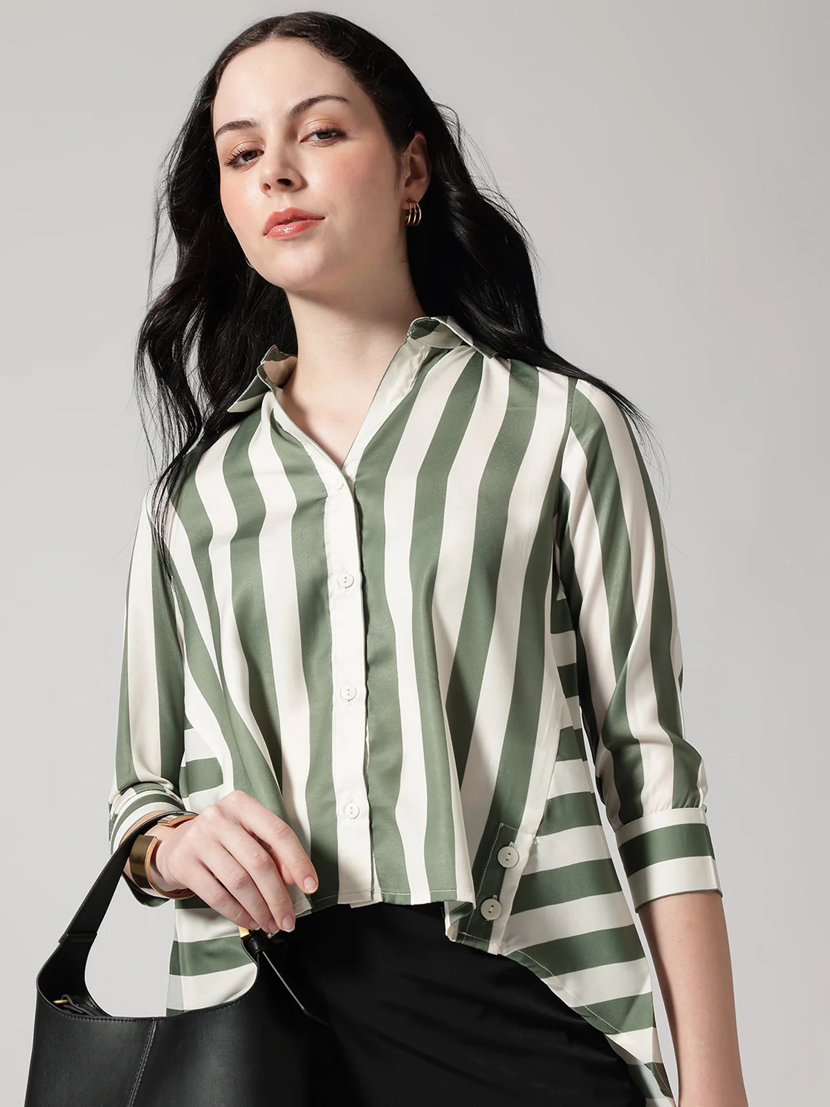 Women Olive Asymmetrical High and Low Striped Shirt - Image 6