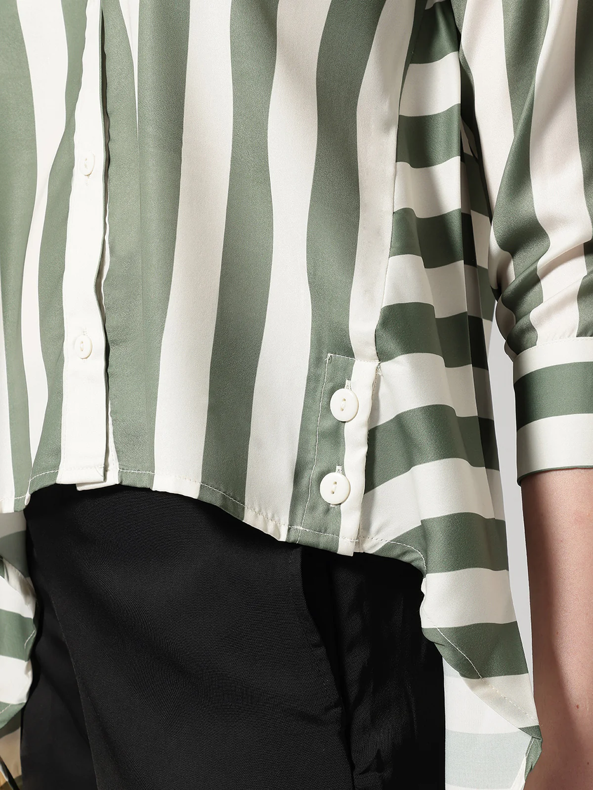 Women Olive Asymmetrical High and Low Striped Shirt - Image 7
