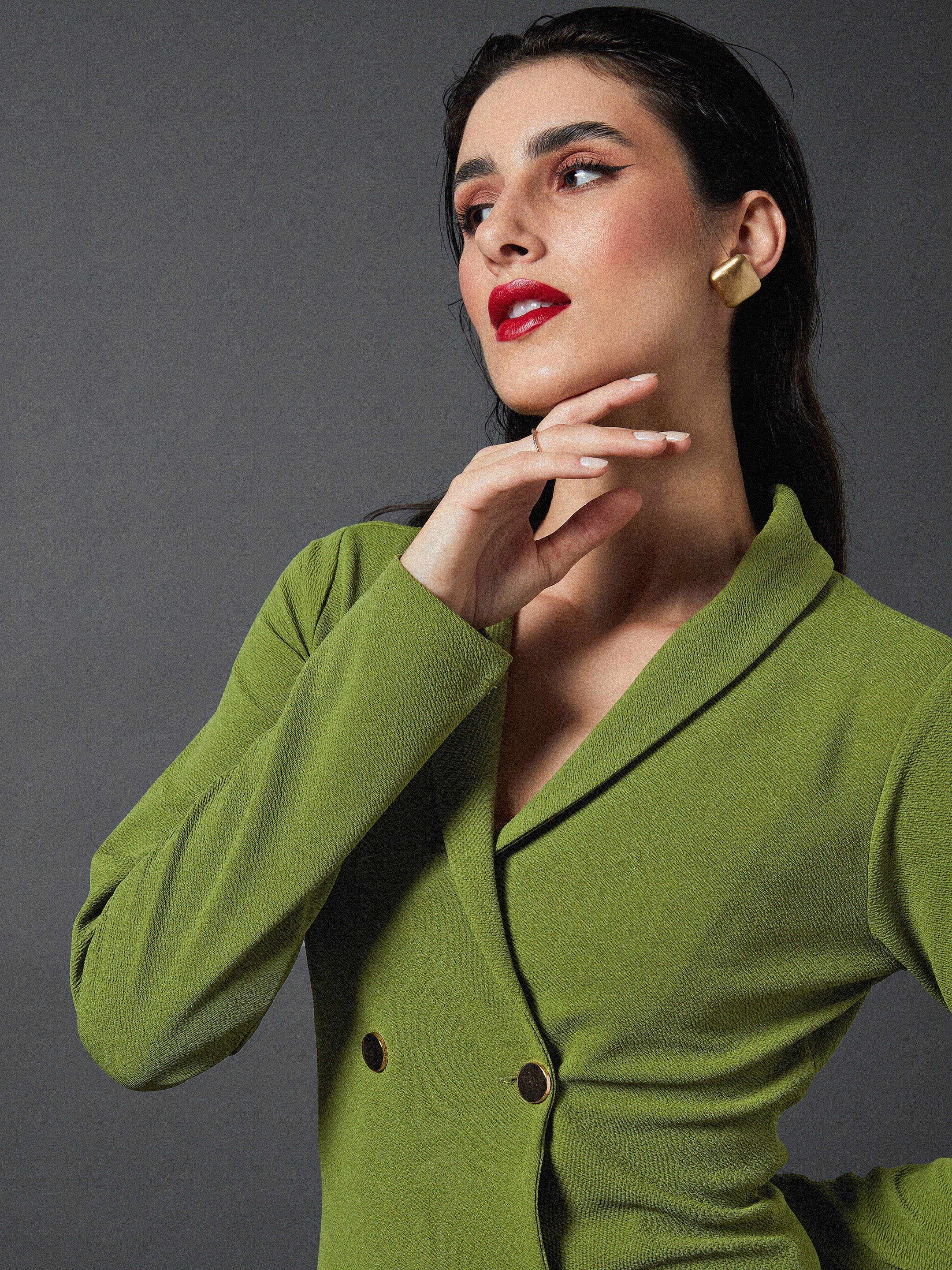 Women Olive Blazer Dress - Image 3