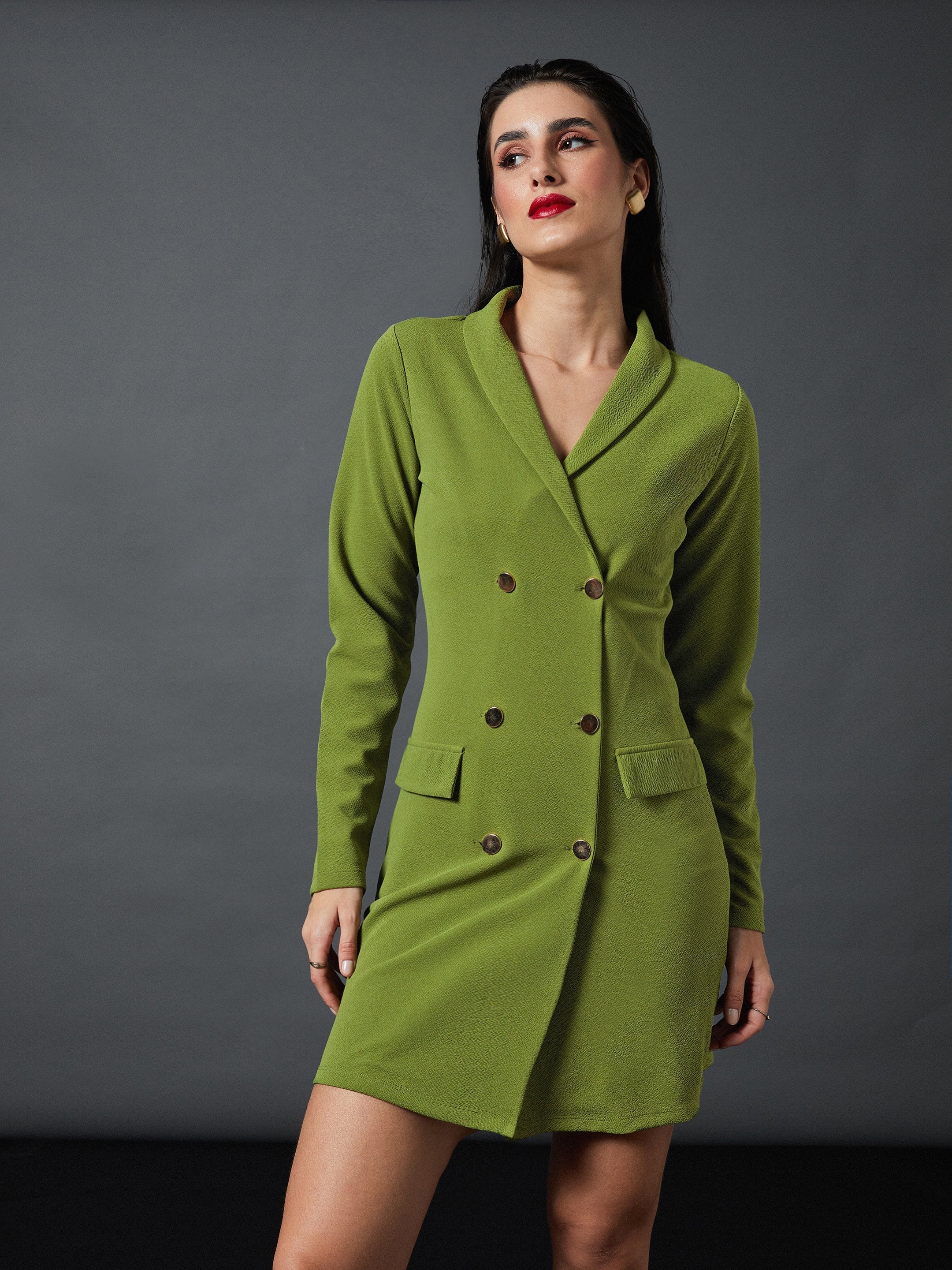 Women Olive Blazer Dress - Image 4