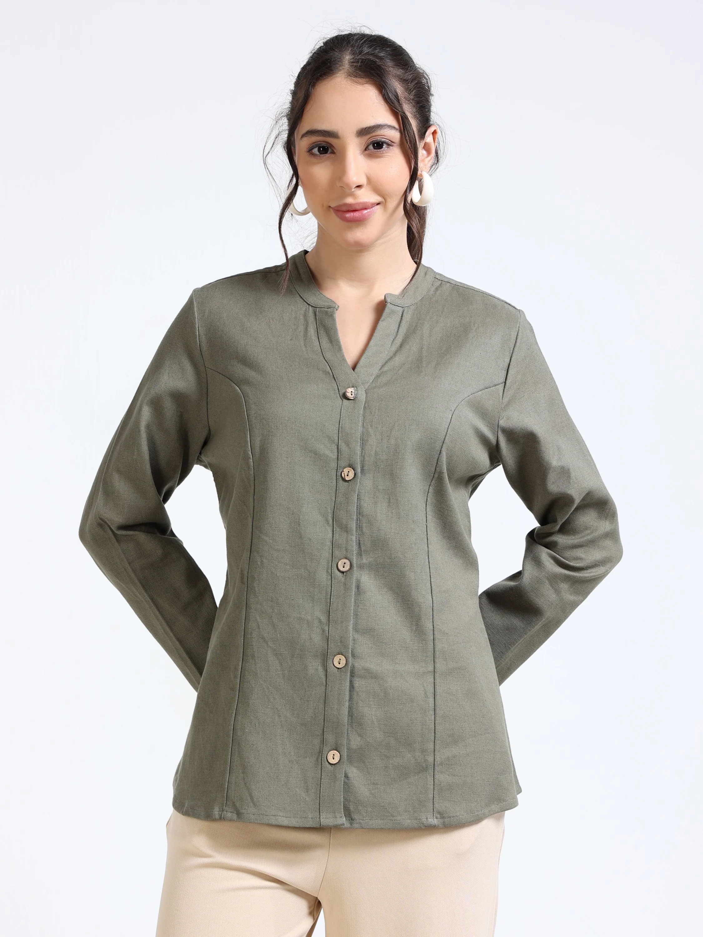 Women Linen Blend Olive Shacket - Image 2