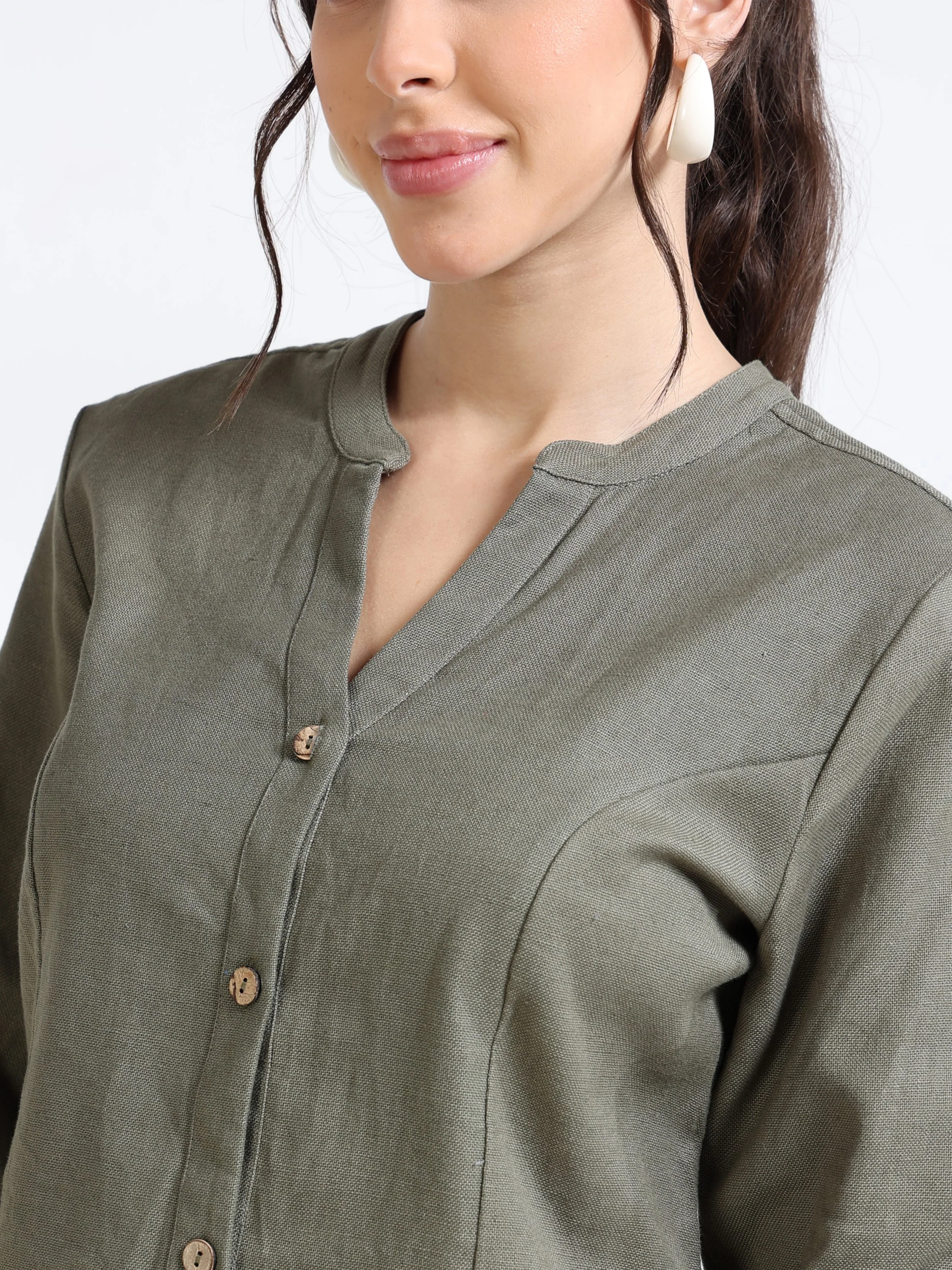 Women Linen Blend Olive Shacket - Image 3