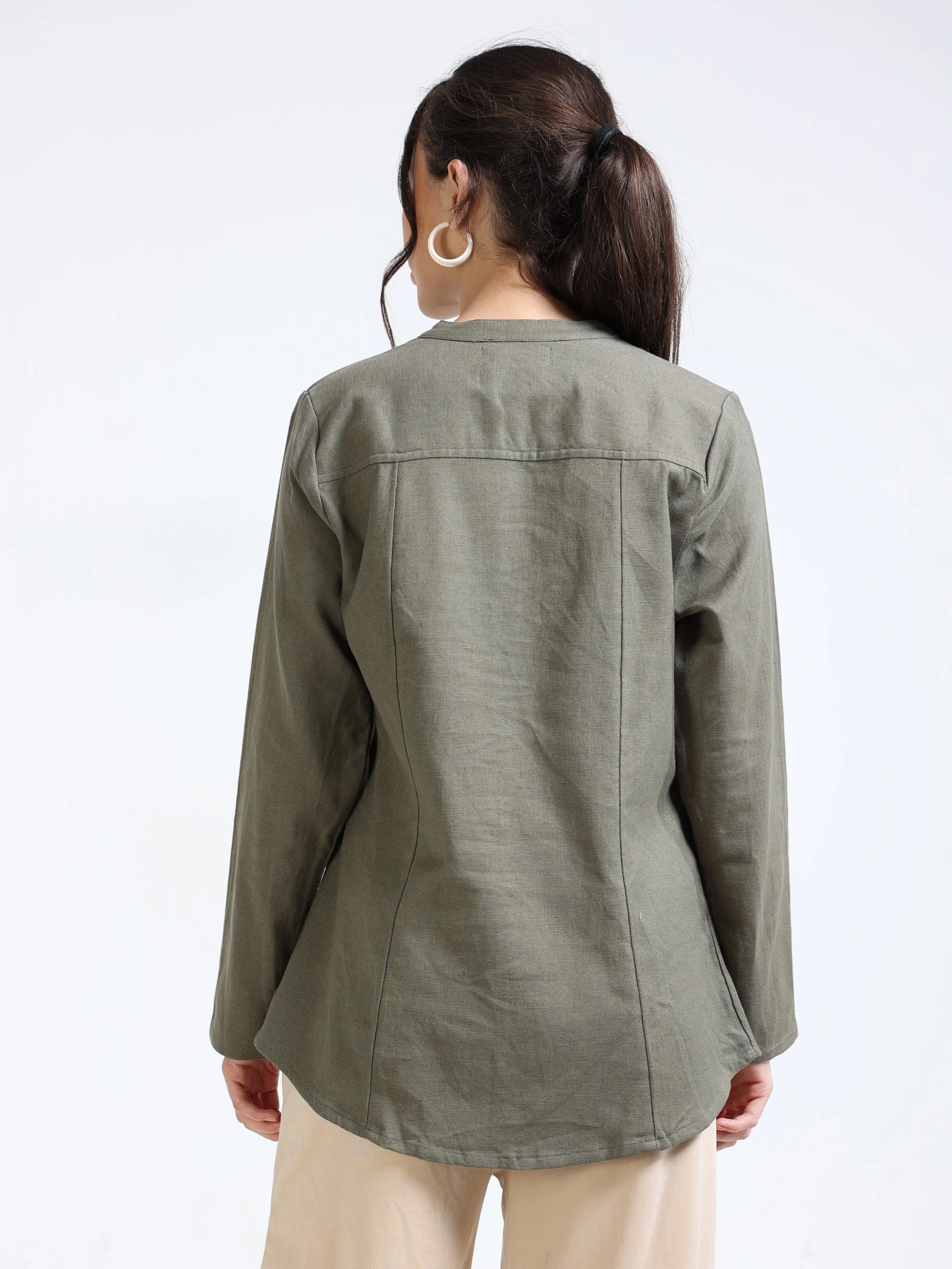 Women Linen Blend Olive Shacket - Image 4