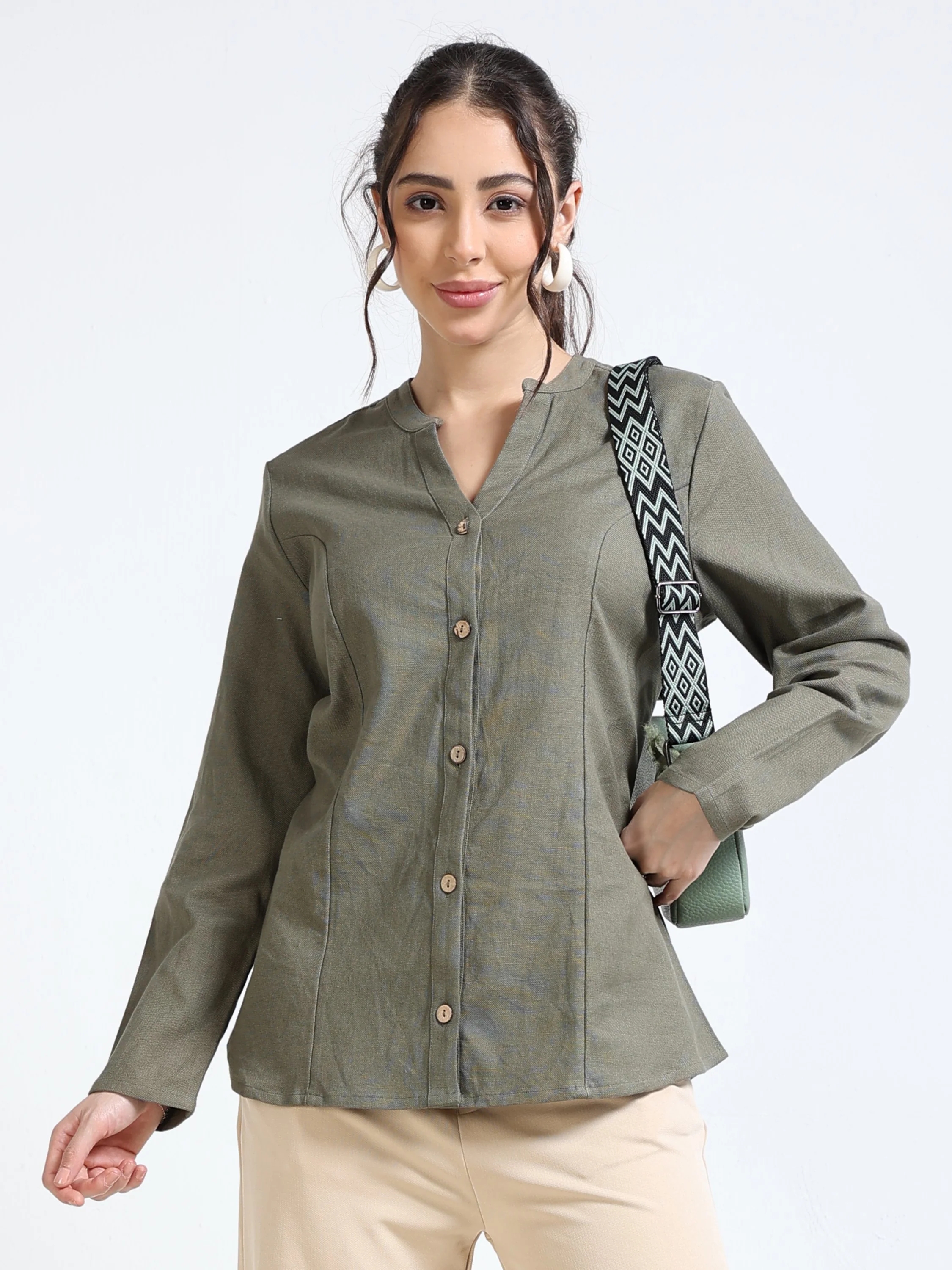 Women Linen Blend Olive Shacket - Image 5