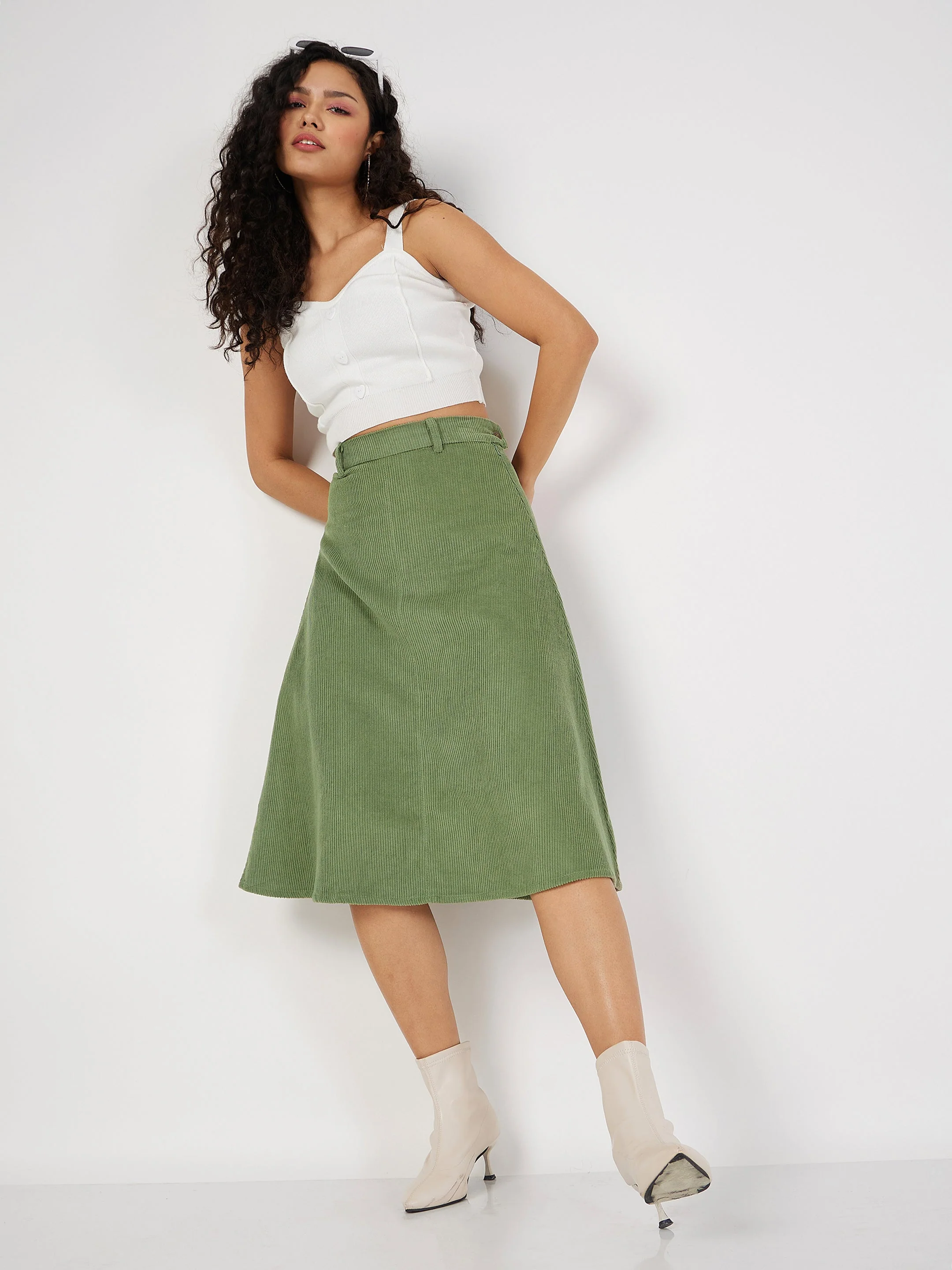 Women Olive Corduroy A-Line Midi Skirt - Image 2