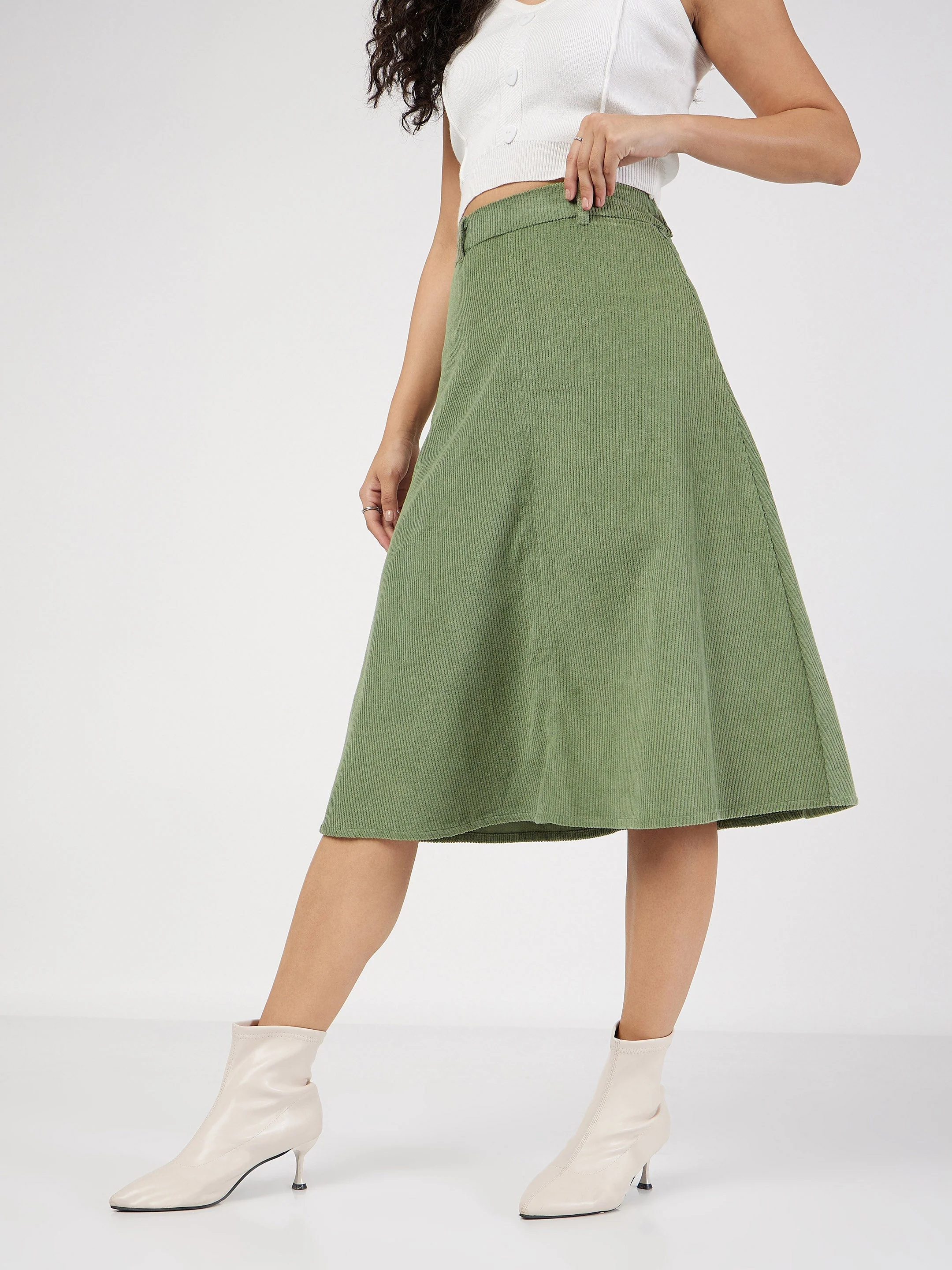 Women Olive Corduroy A-Line Midi Skirt - Image 3