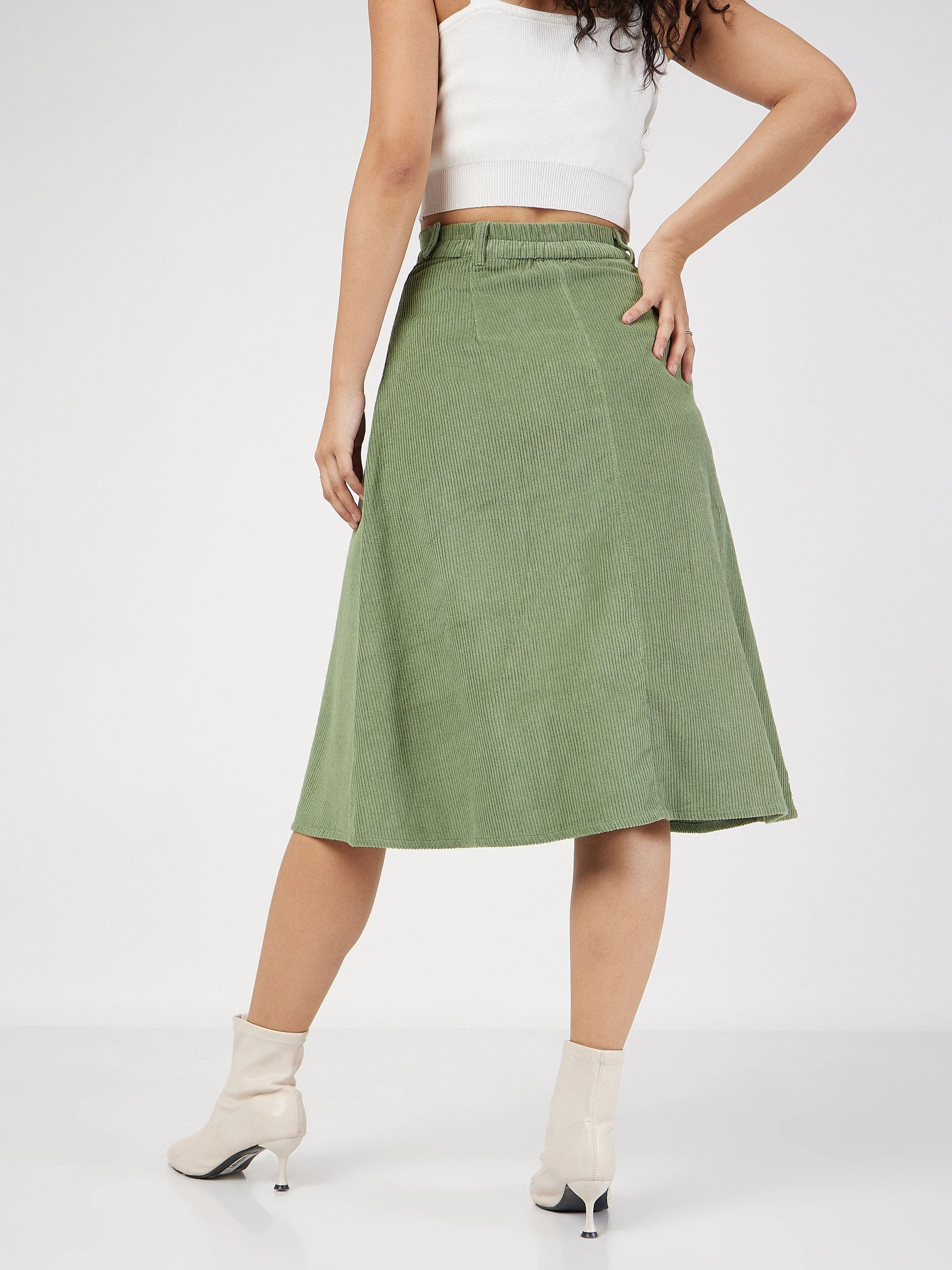 Women Olive Corduroy A-Line Midi Skirt - Image 5